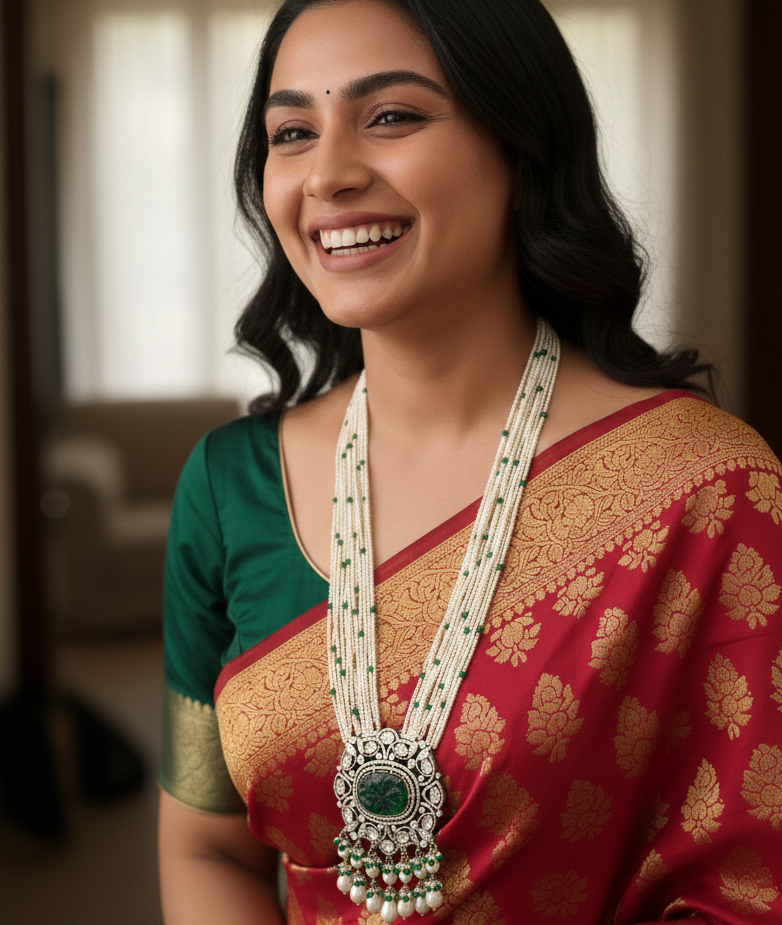 Emerald Stone Kundan Long Pearl Set