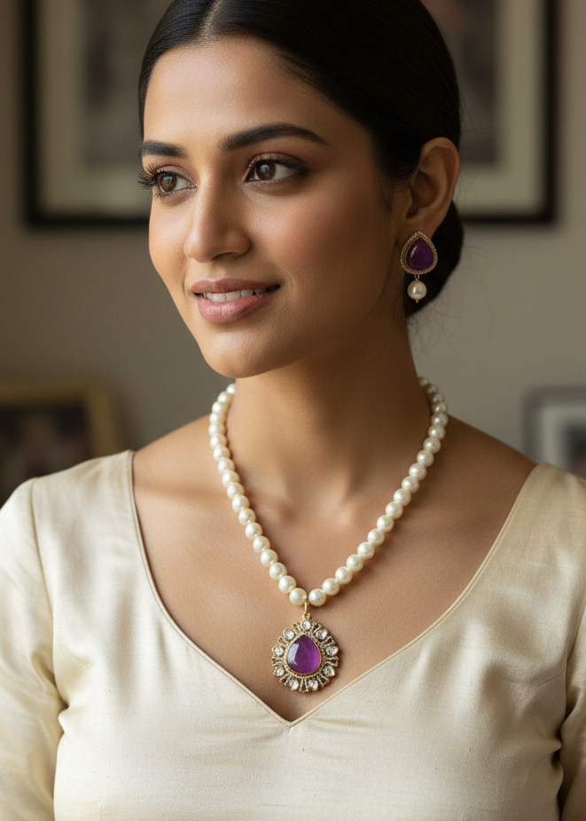 Purple Stone Polki Drop Pearl Pendant Set