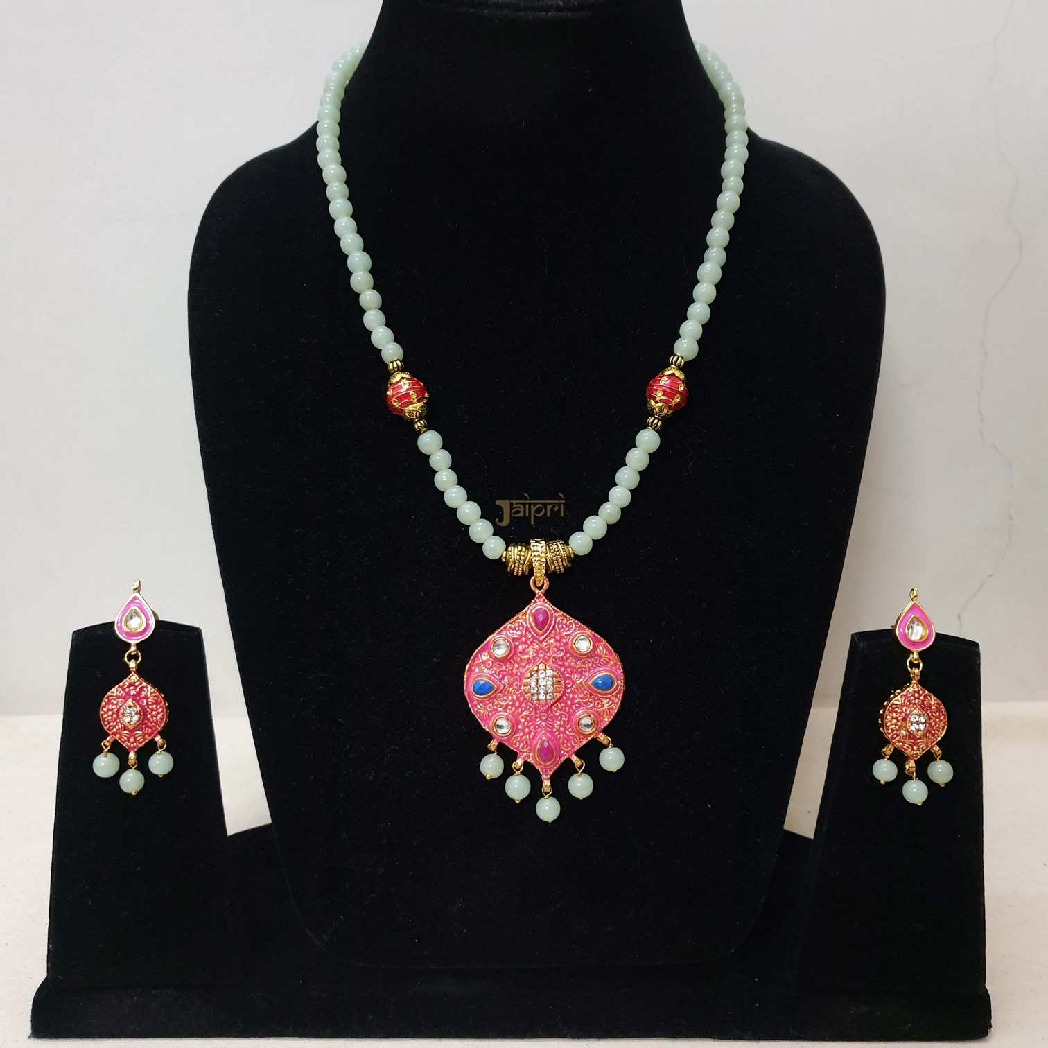 Green Stone and Pink Meenakari Pendant With Earrings