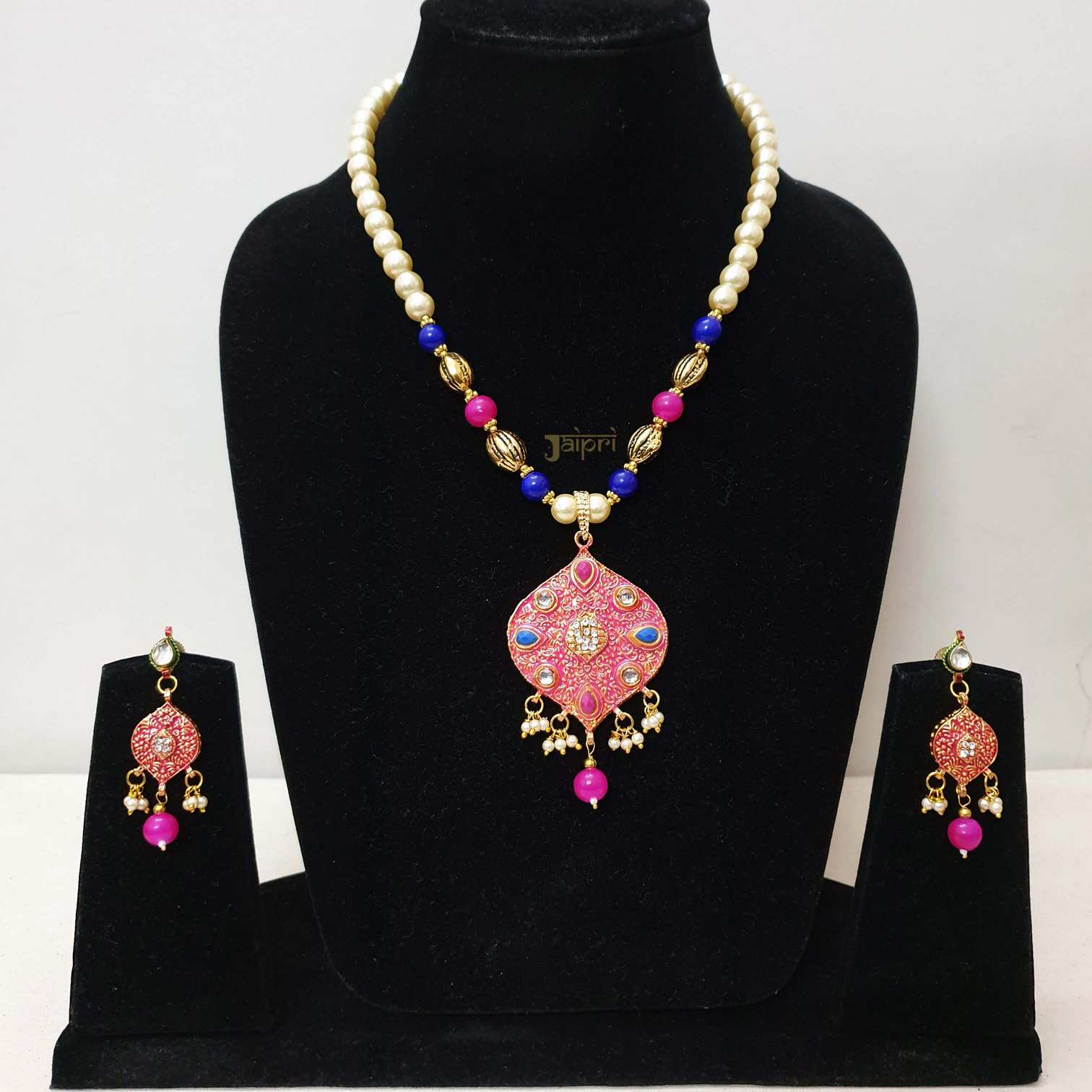 Pearl Beads Stone Pink Meenakari Pendant With Earrings