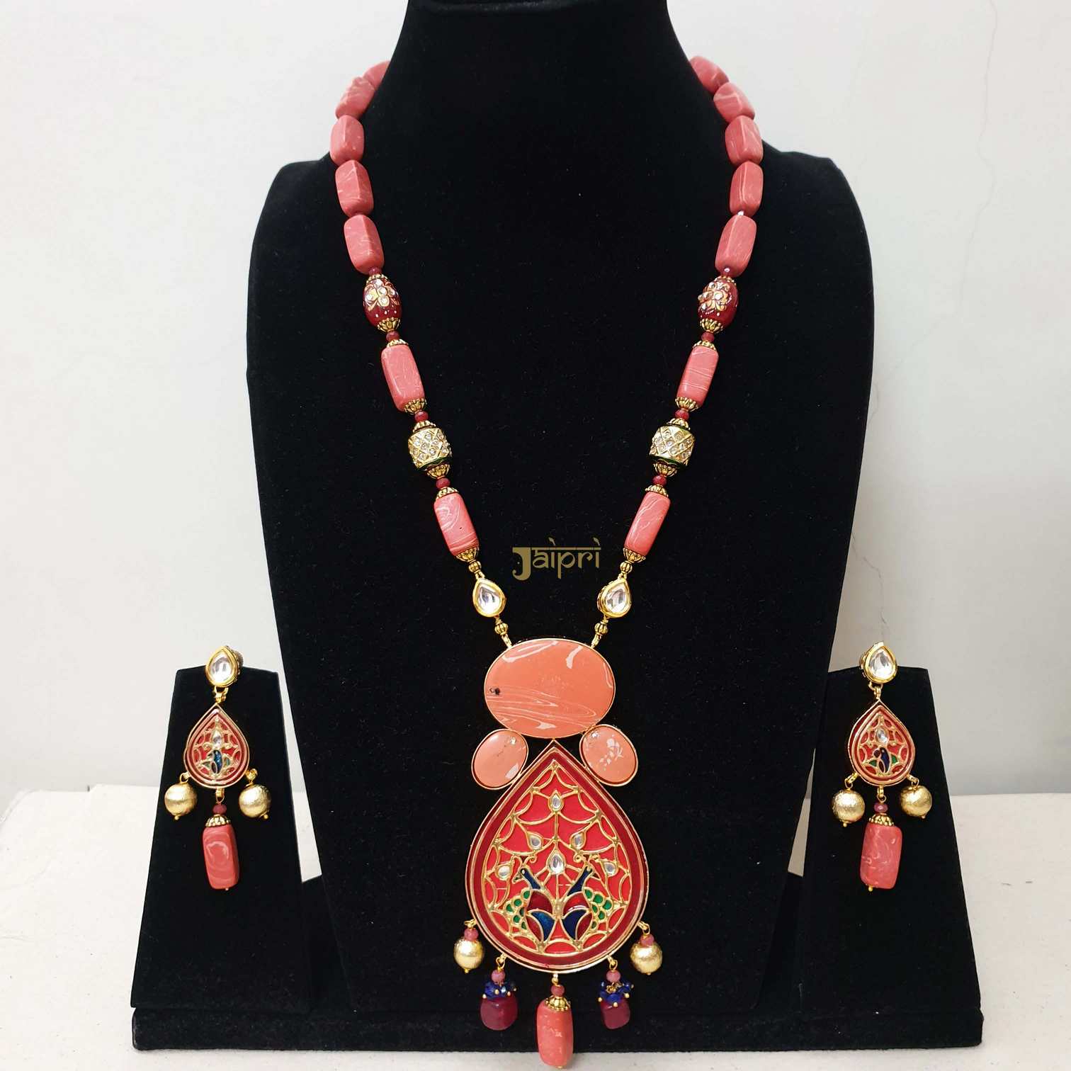 Pink Beads Stone & Meenakari Fusion Pendant With Earrings