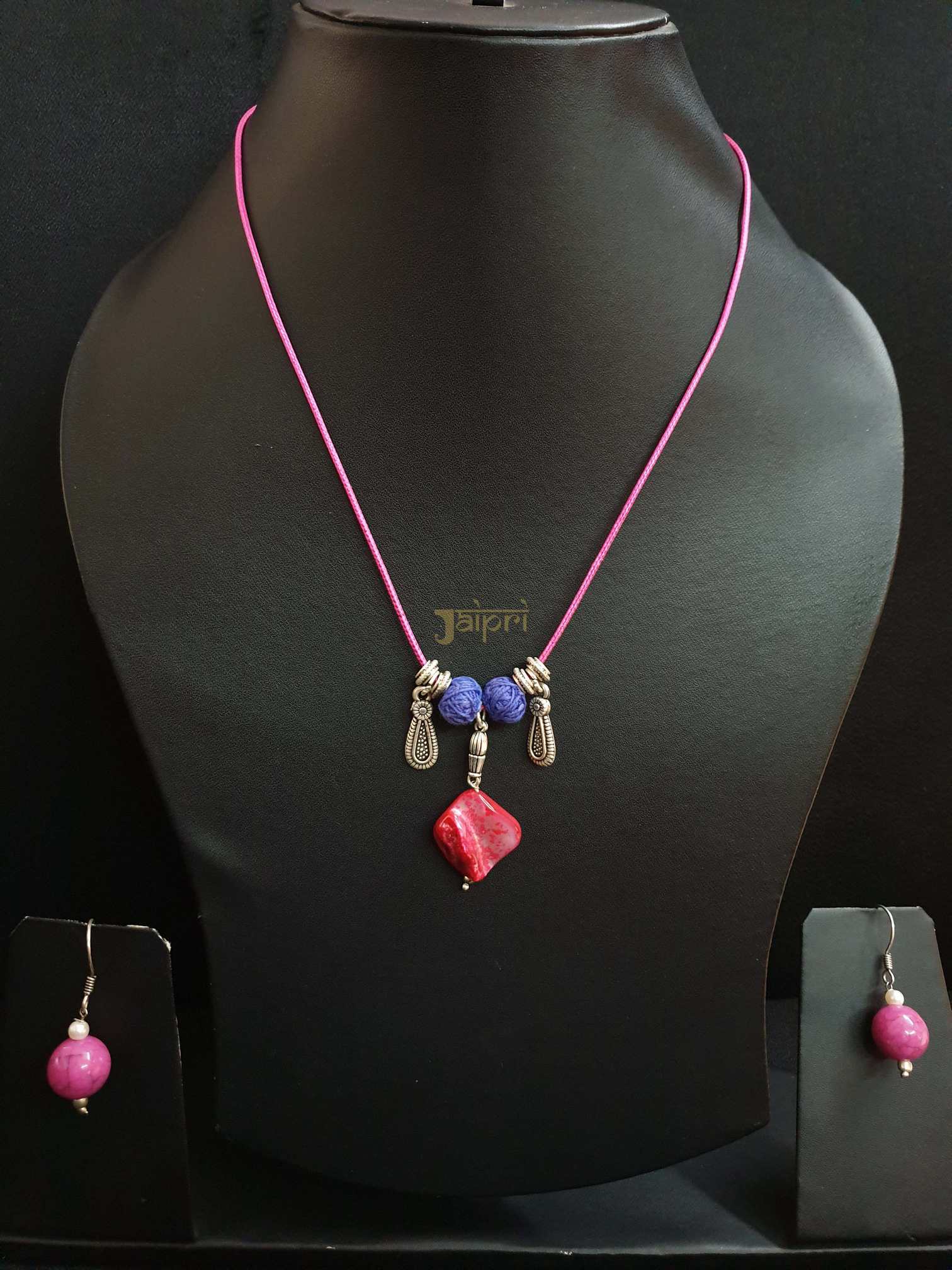 Pink Beads Stone Necklace With Earrings