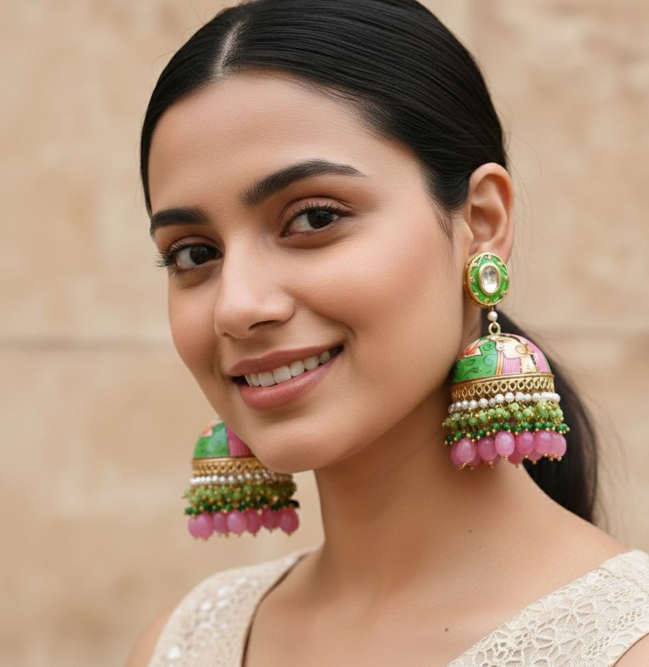 Pink Green Hand Painted Kundan Jhumka Earrings