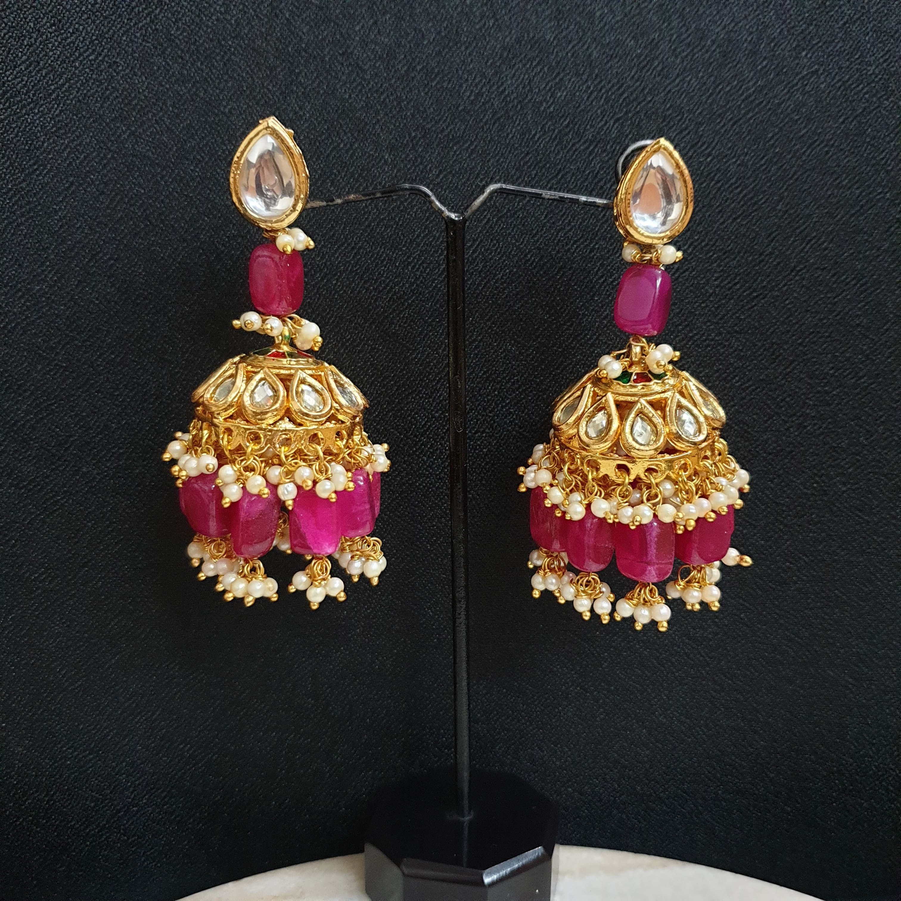 Pink Stone Kundan Jhumka Earrings
