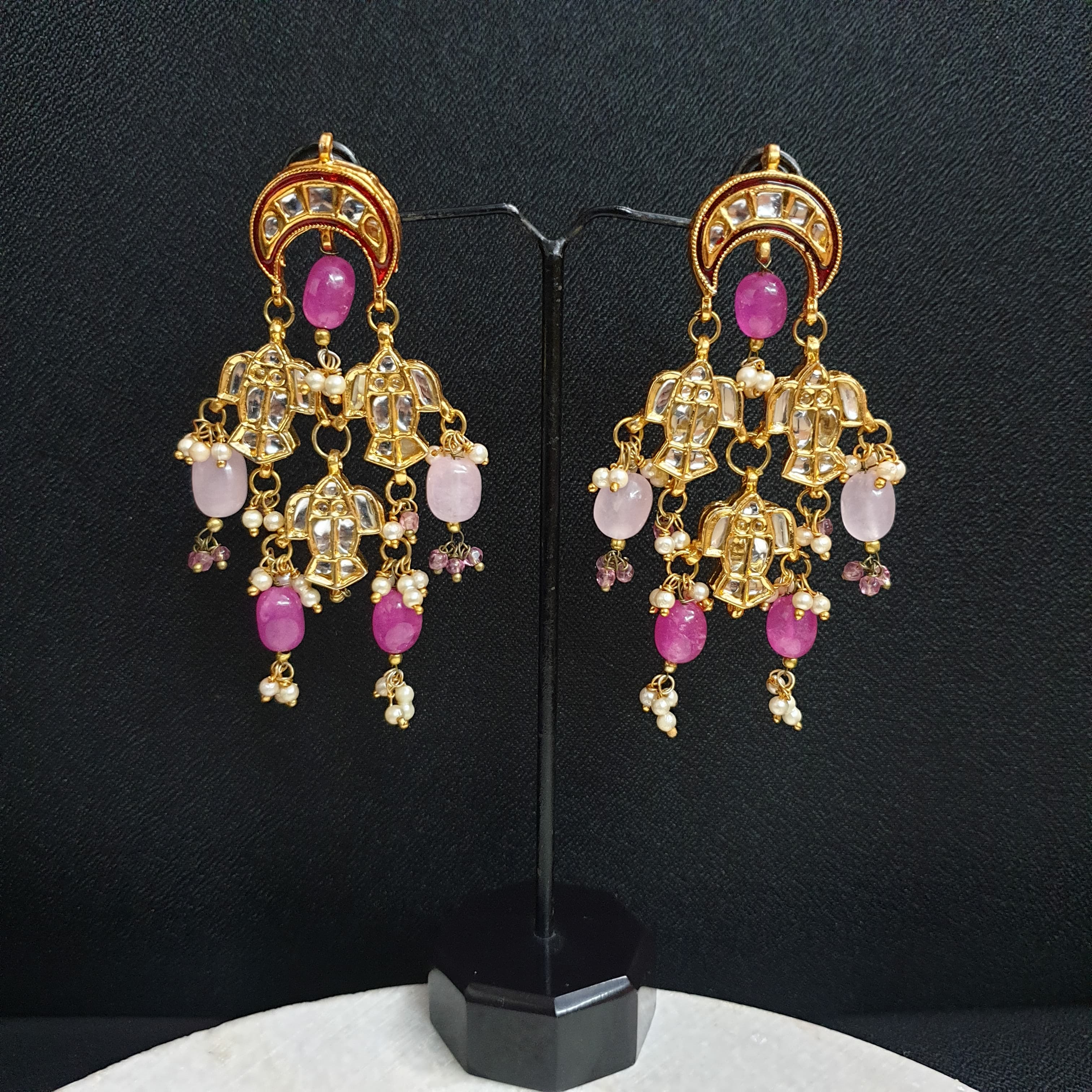 Pink Beaded Kundan Earrings