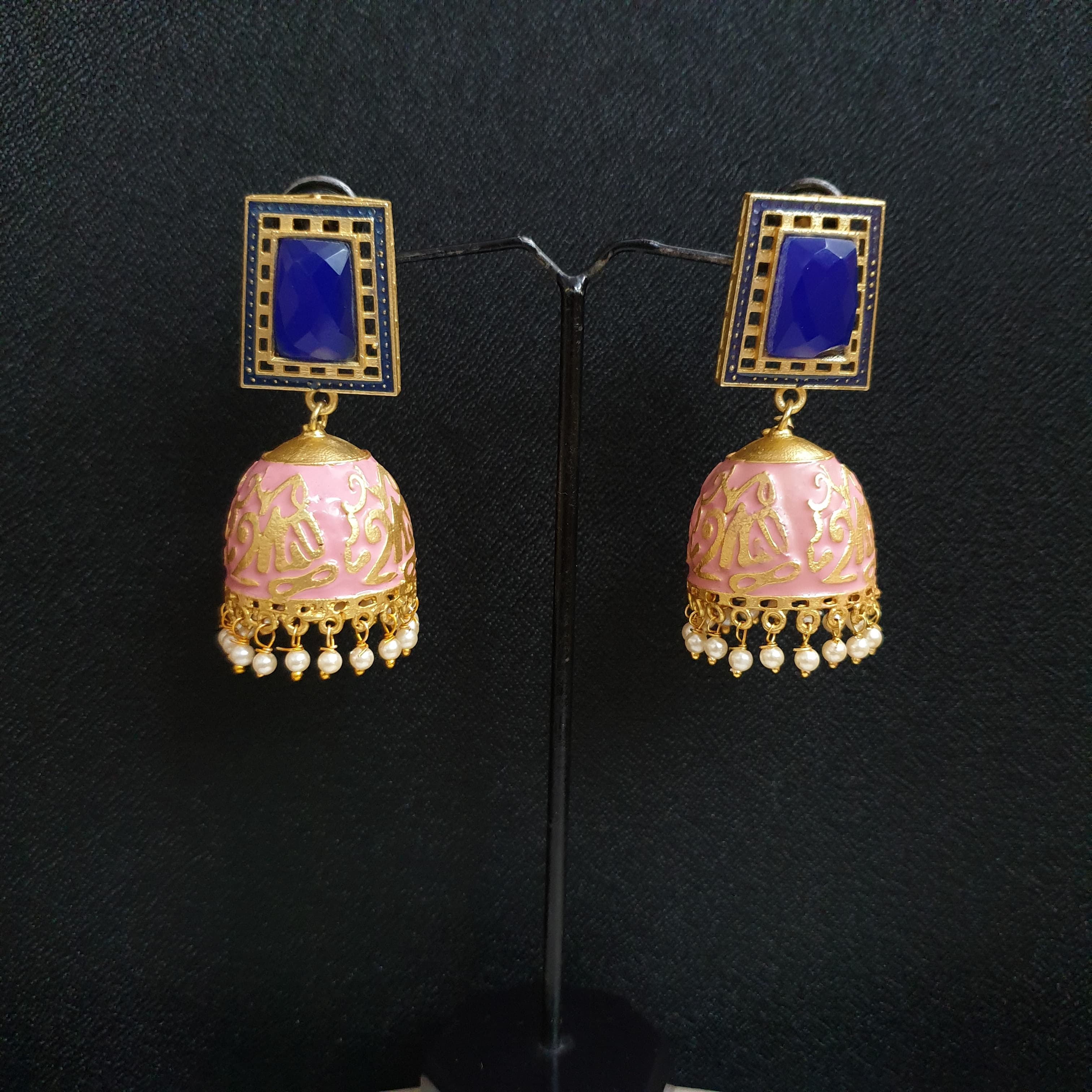 Light Weight Blue Pink Meenakari Jhumki Earrings