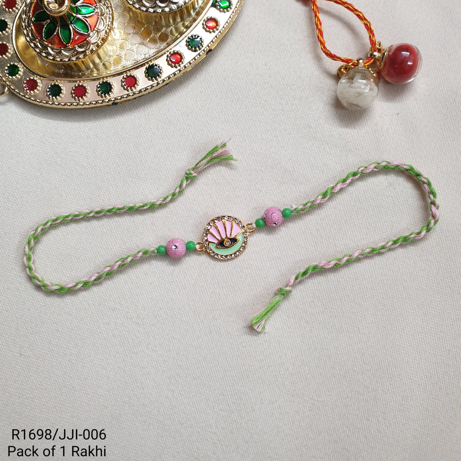 Pink Green Bead Rakhi