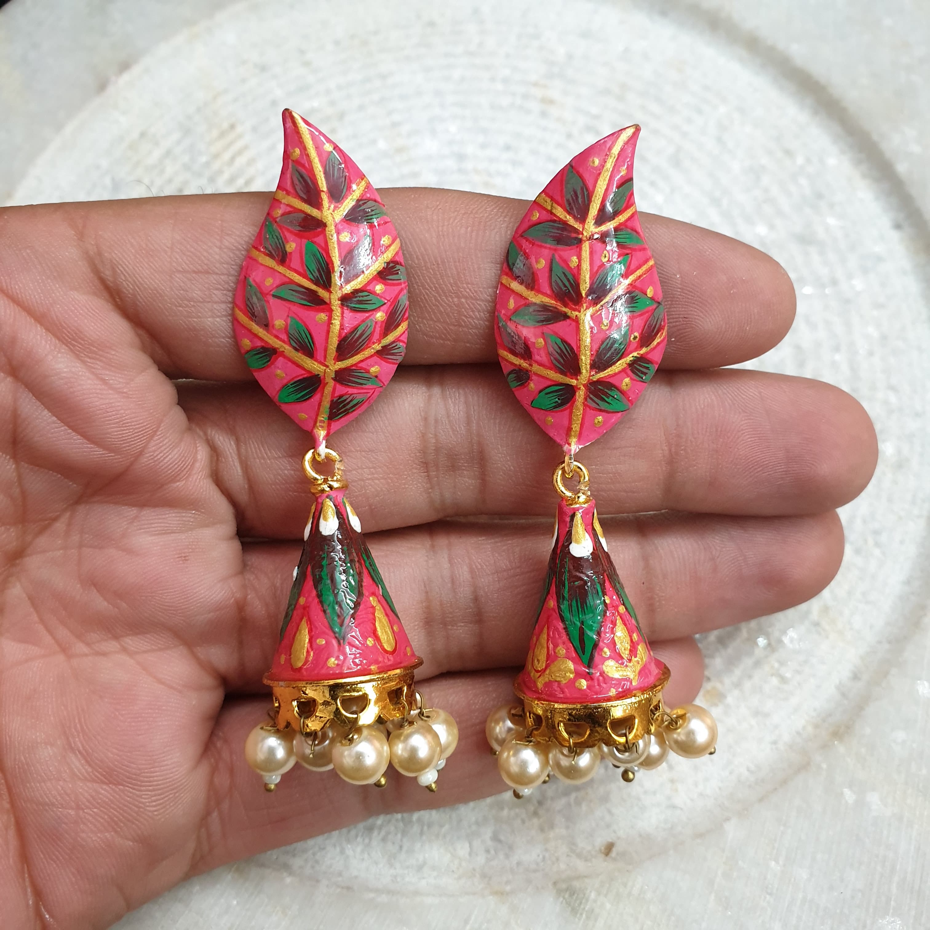Dark Pink Handpainted Jhumki Earrings