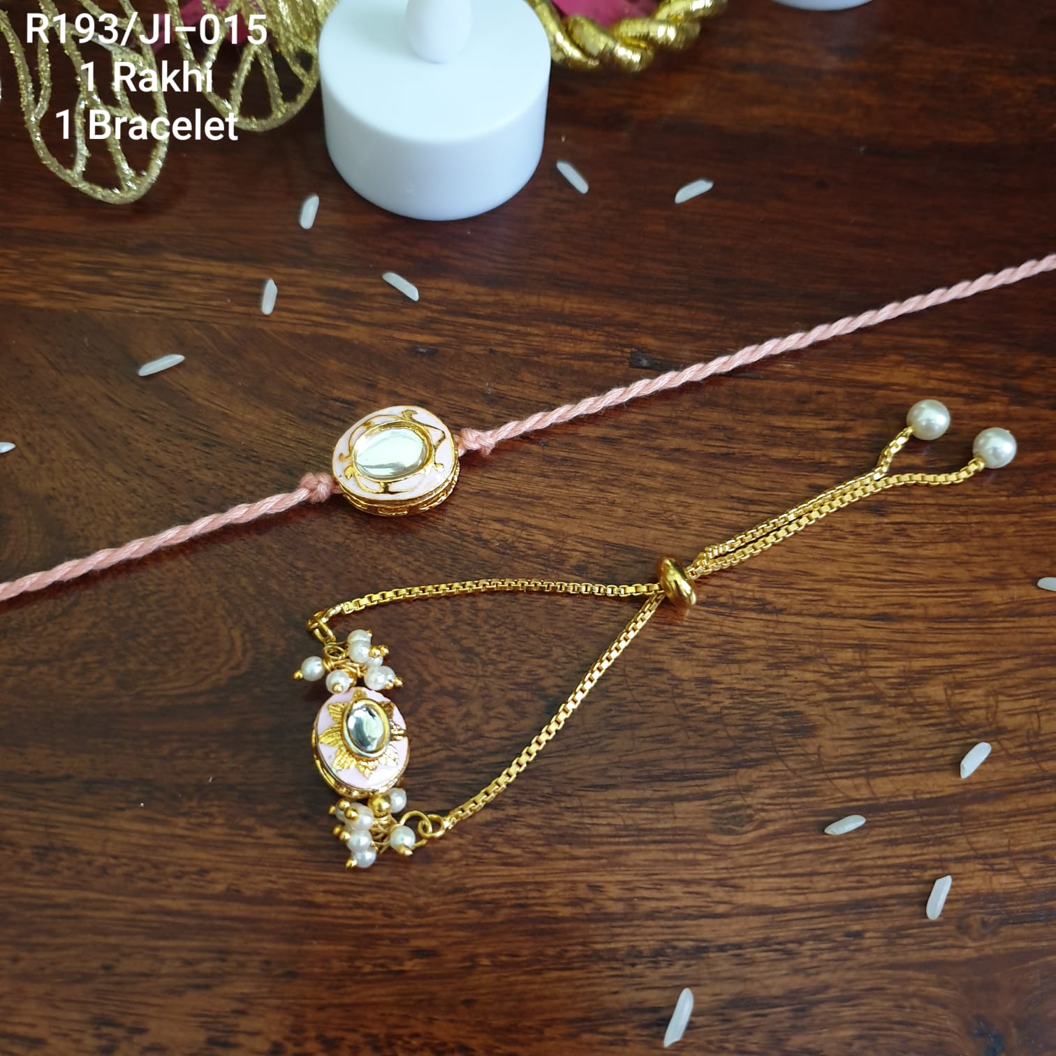 Baby Pink Kundan Meenakari Bhaiya Bhabhi Rakhi Set
