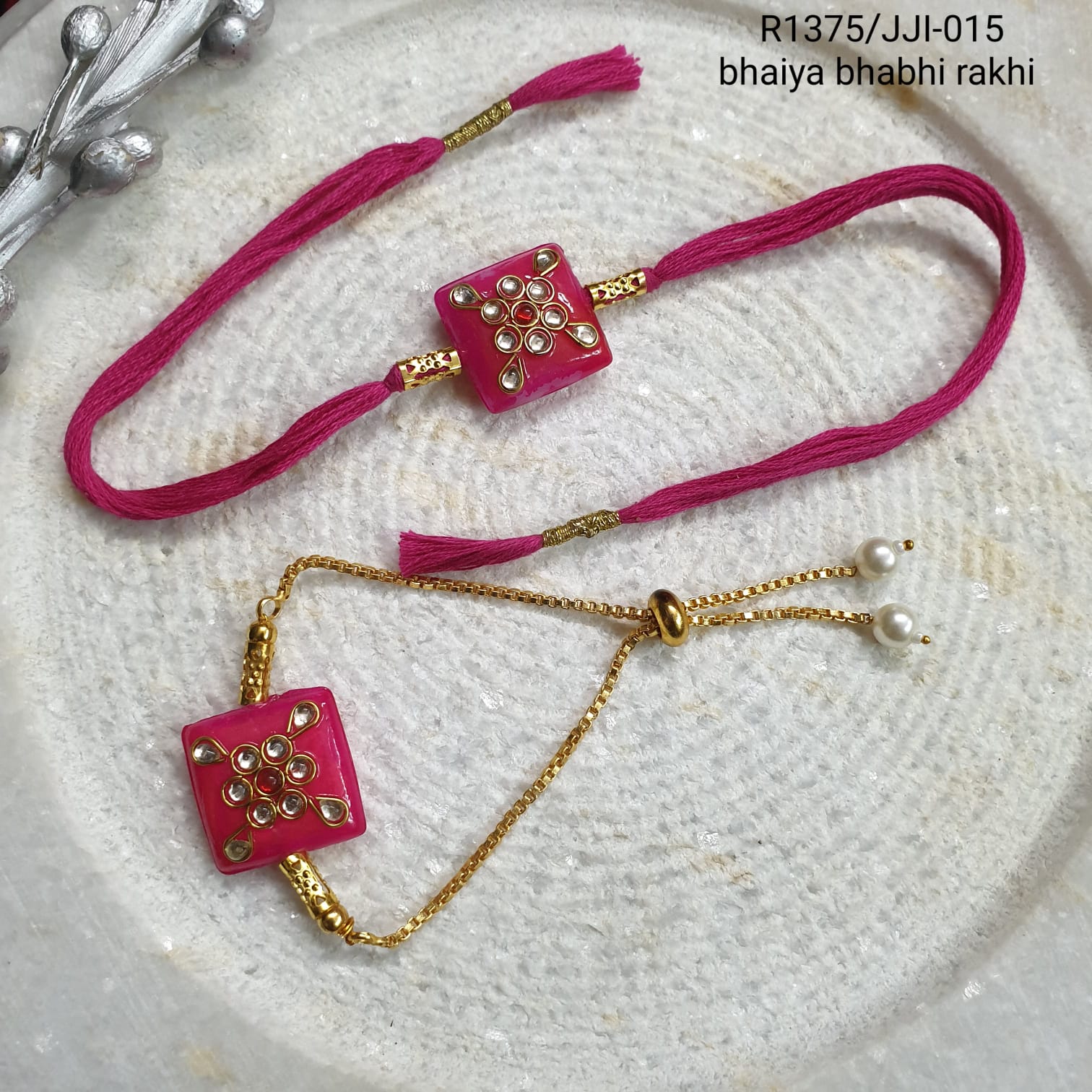 Pink Kundan Rakhi For Bhaiya and Bhabhi For Rakshabandhan