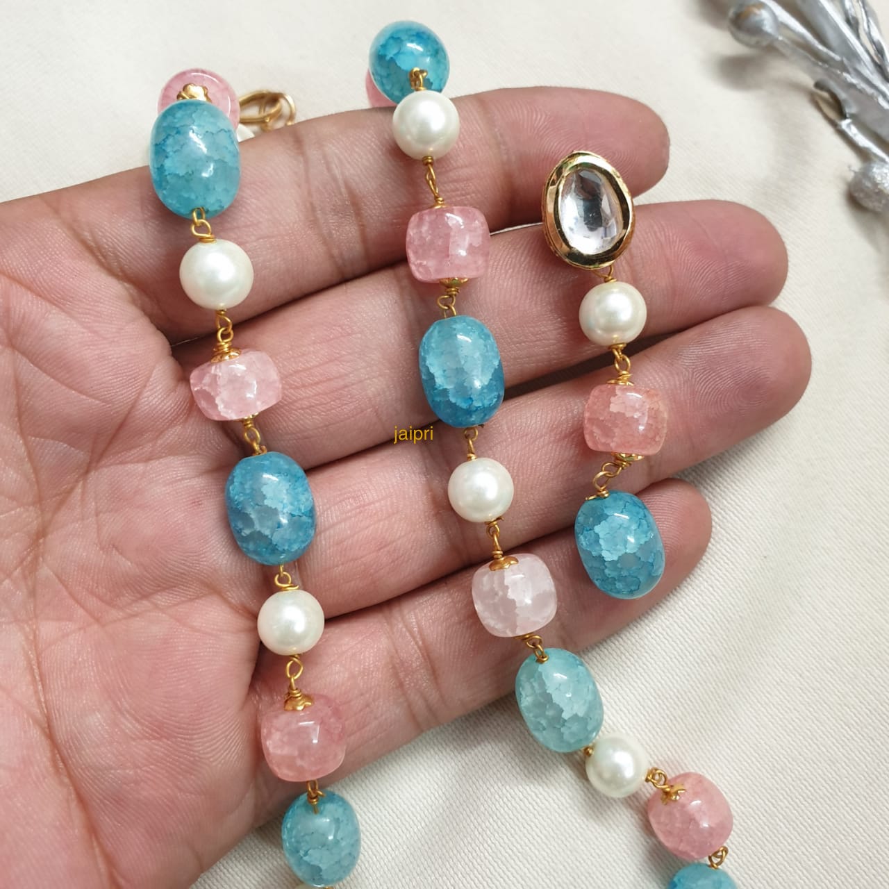 Pink Blue Stone Beads Pearl Long Mala