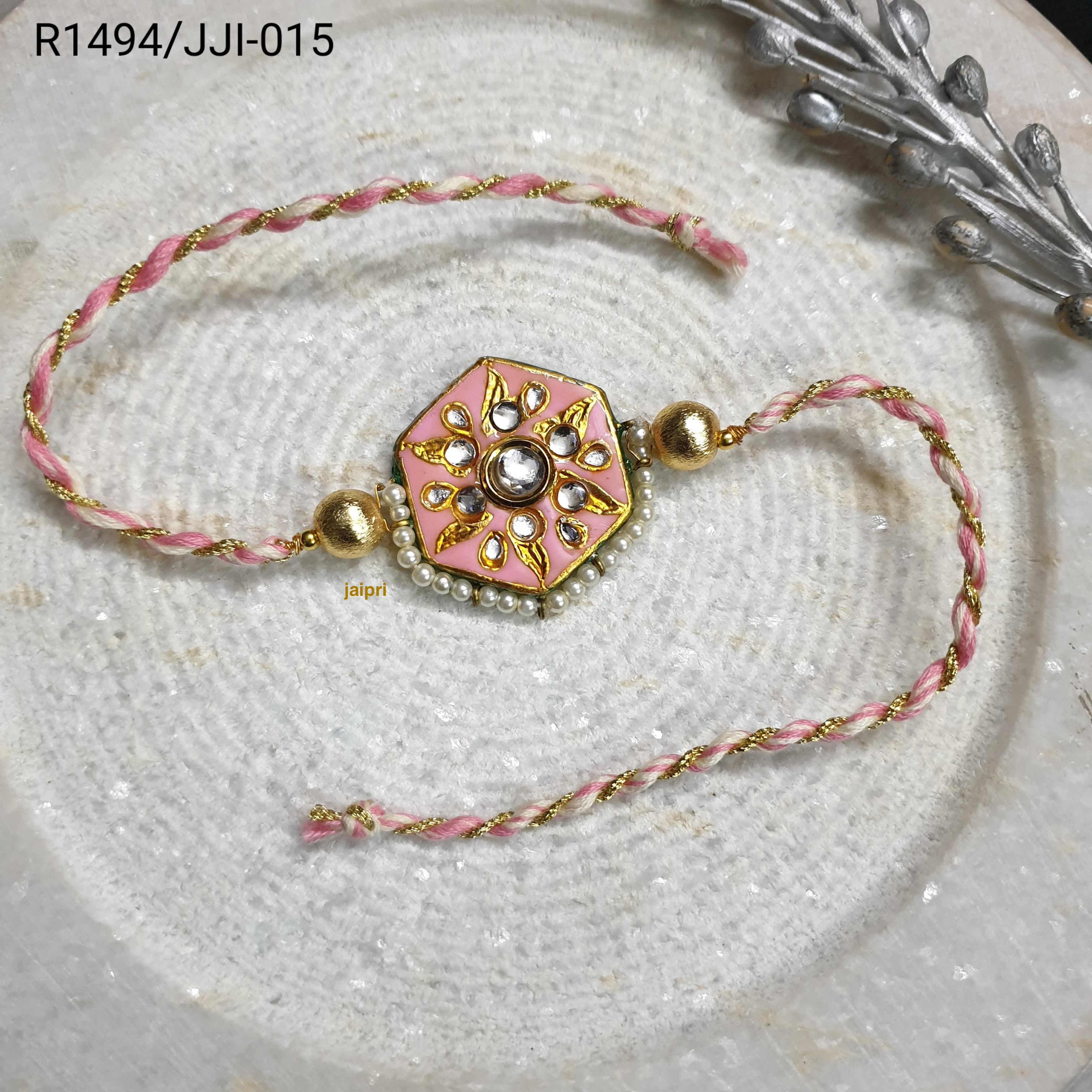 Pink Kundan Meena Rakhi For Brother