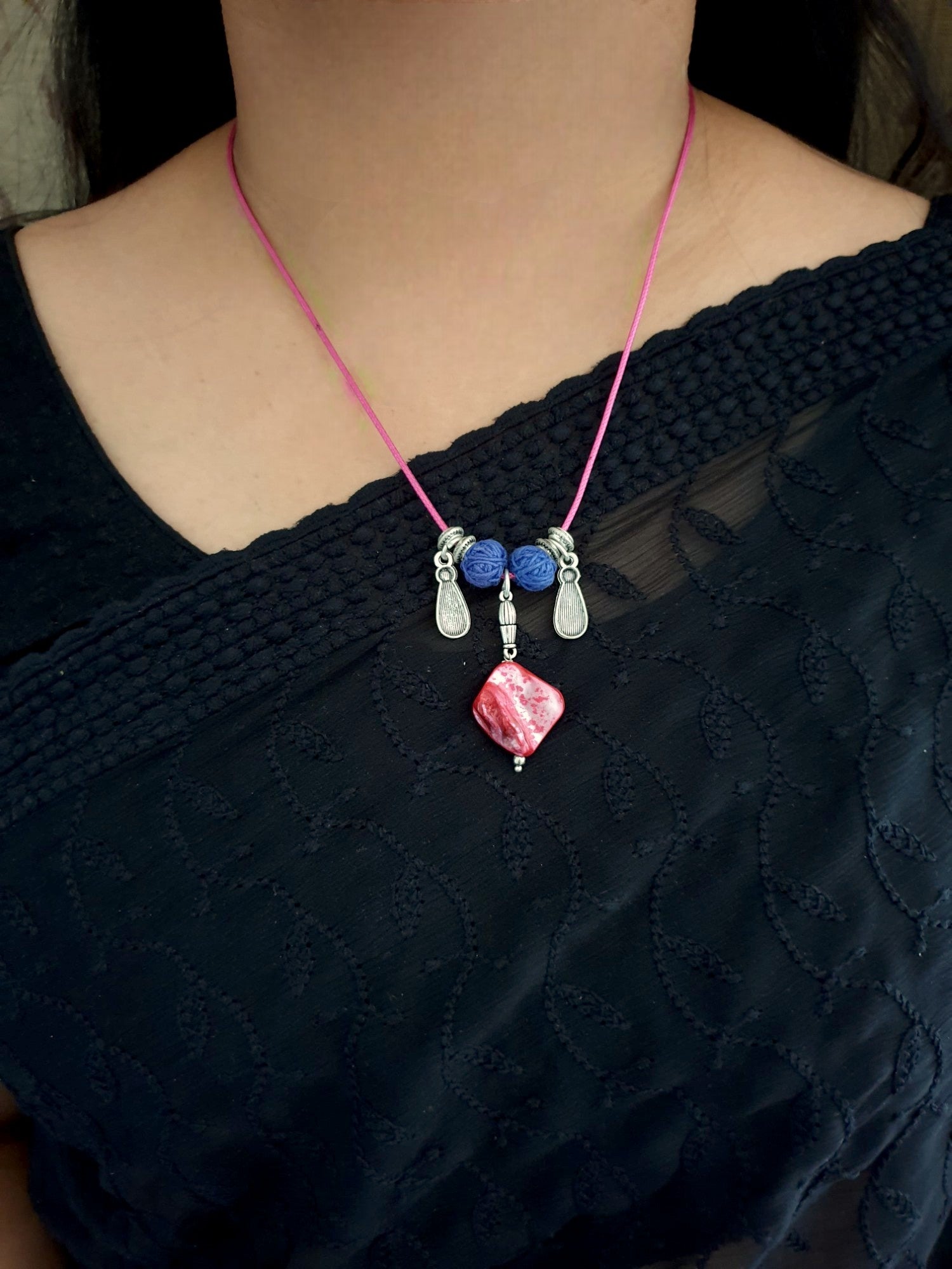 Pink Beads Stone Necklace With Earrings