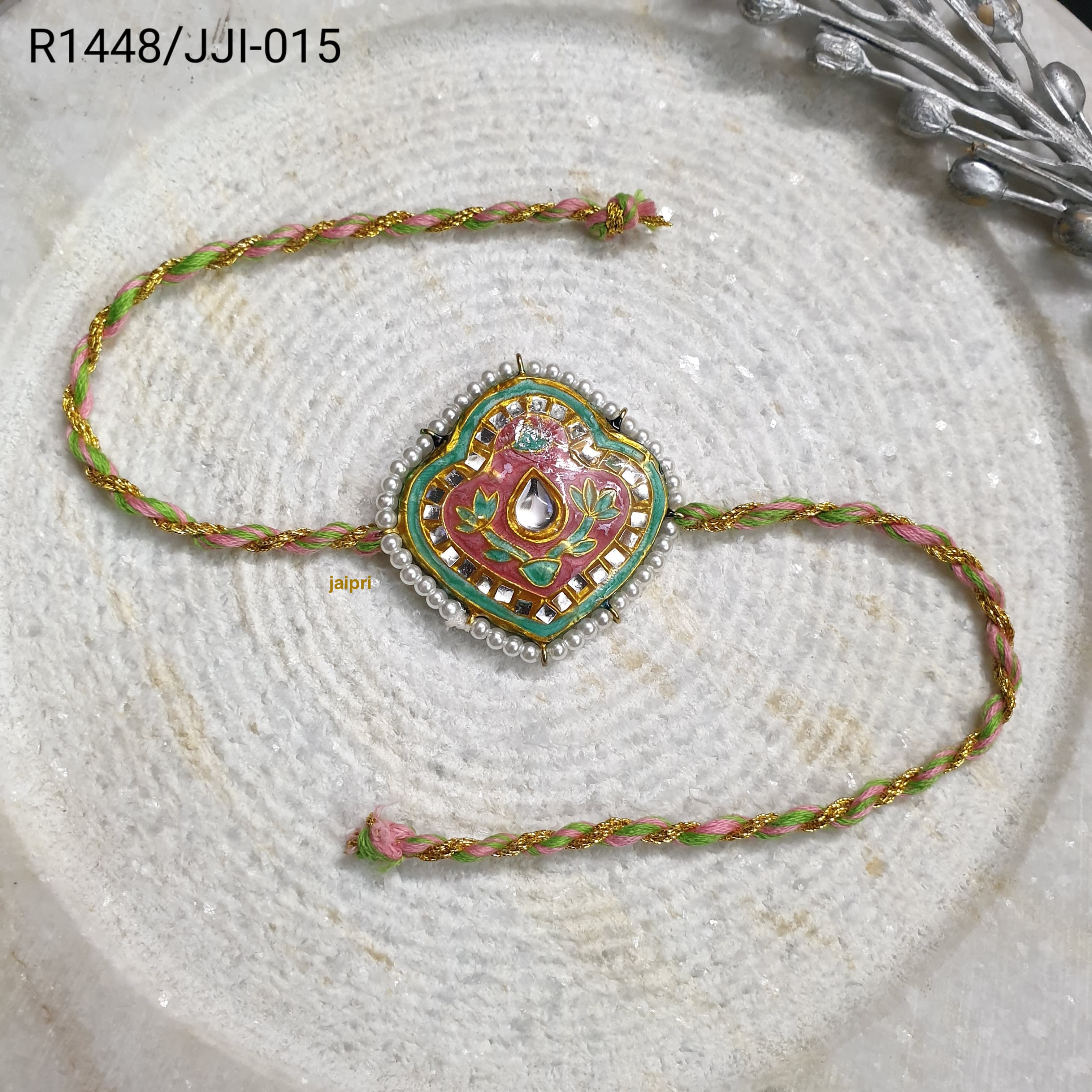 Pink Green Kundan Meena Rakhi
