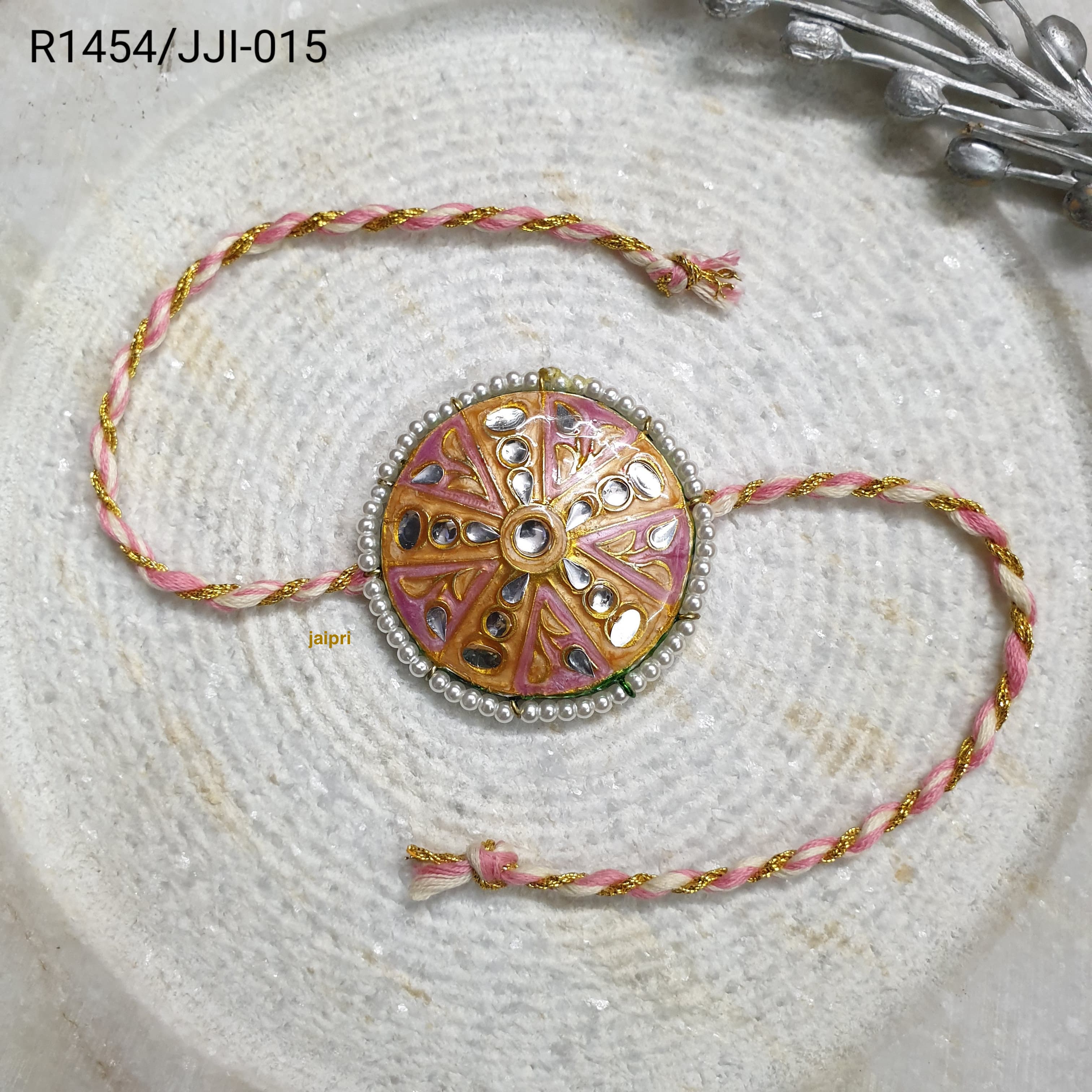 Pink Round Kundan Meena Rakhi