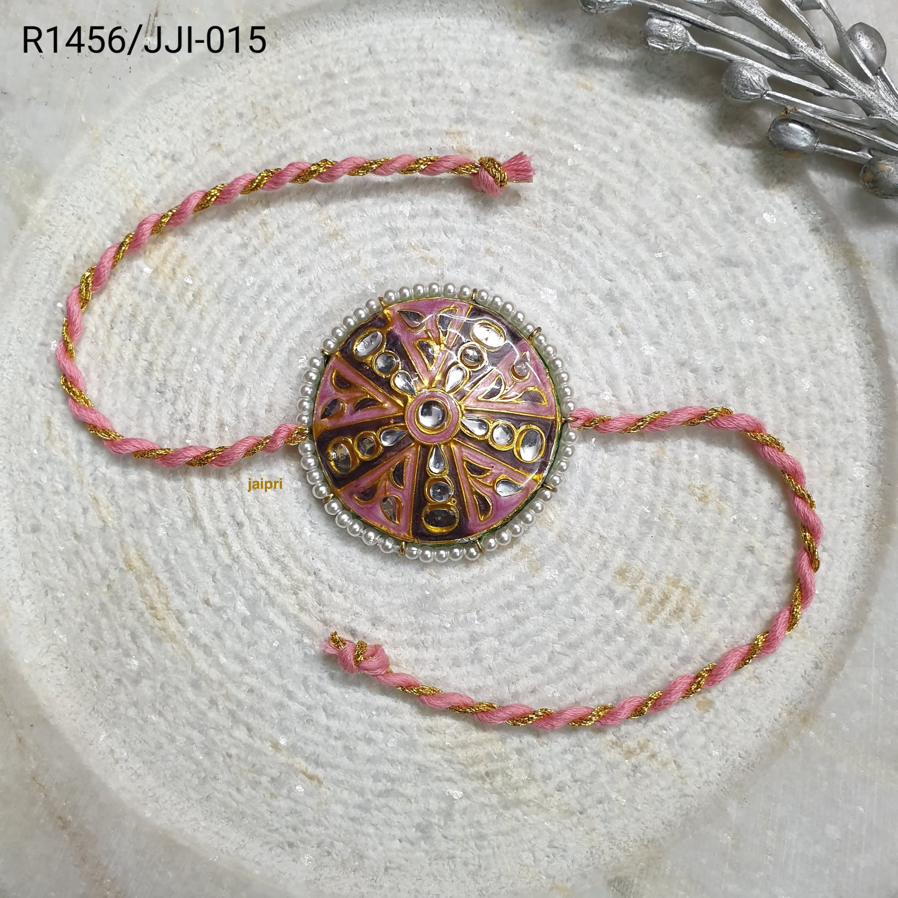 Pink Round Kundan Meena Rakhi