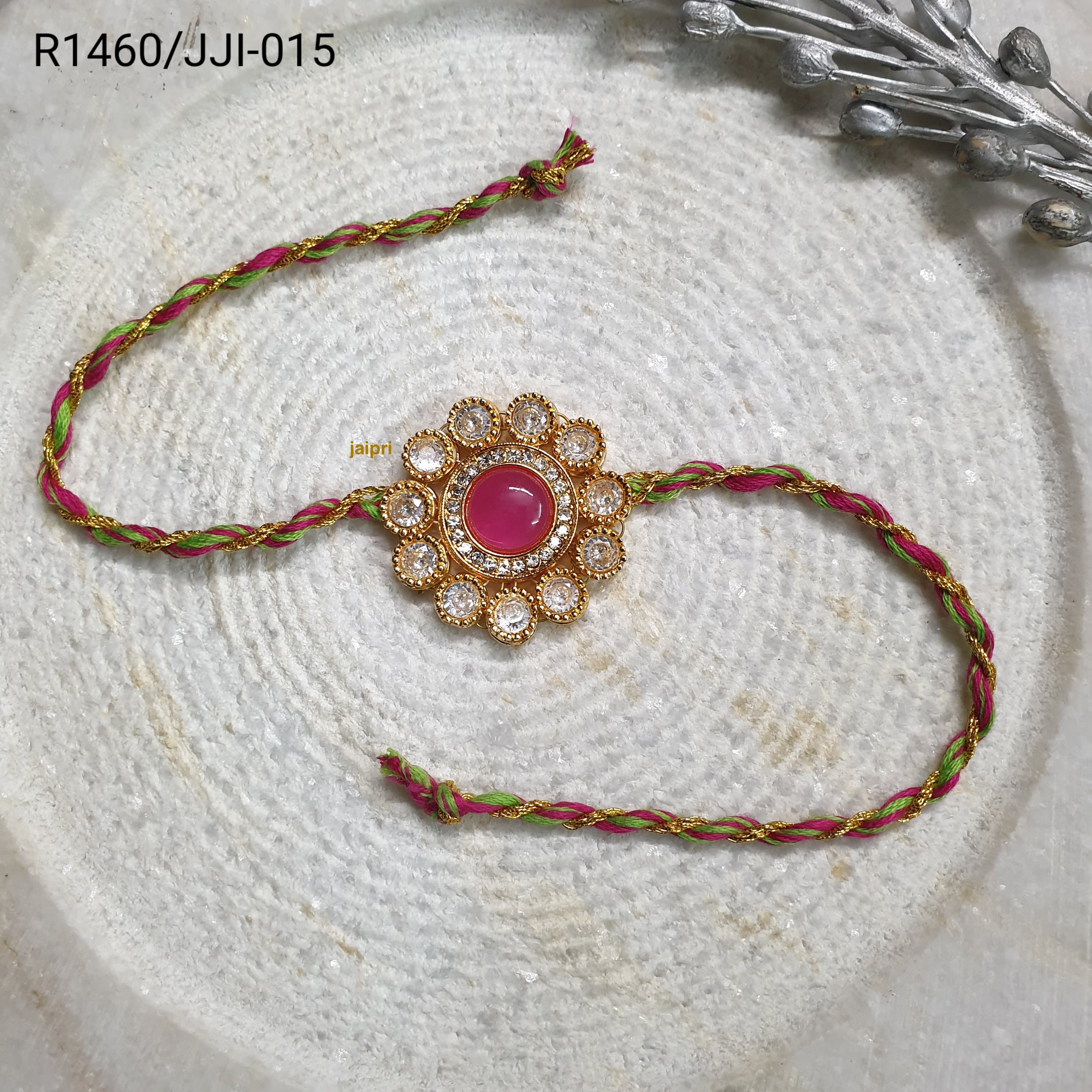 Pink Stone Kundan Floral Rakhi For Brother