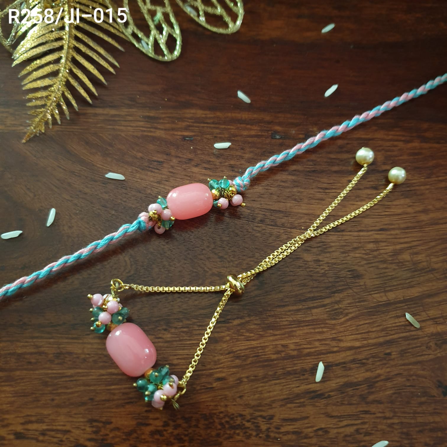 Pink Beaded Bhaiya Bhabhi Couple Rakhi Set