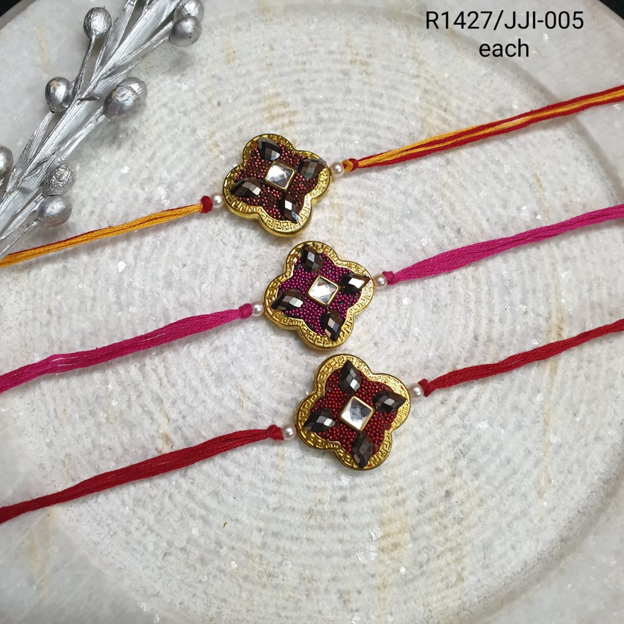 Beautiful Kundan Rakhi For Brother And Sister (Pack Of Three)
