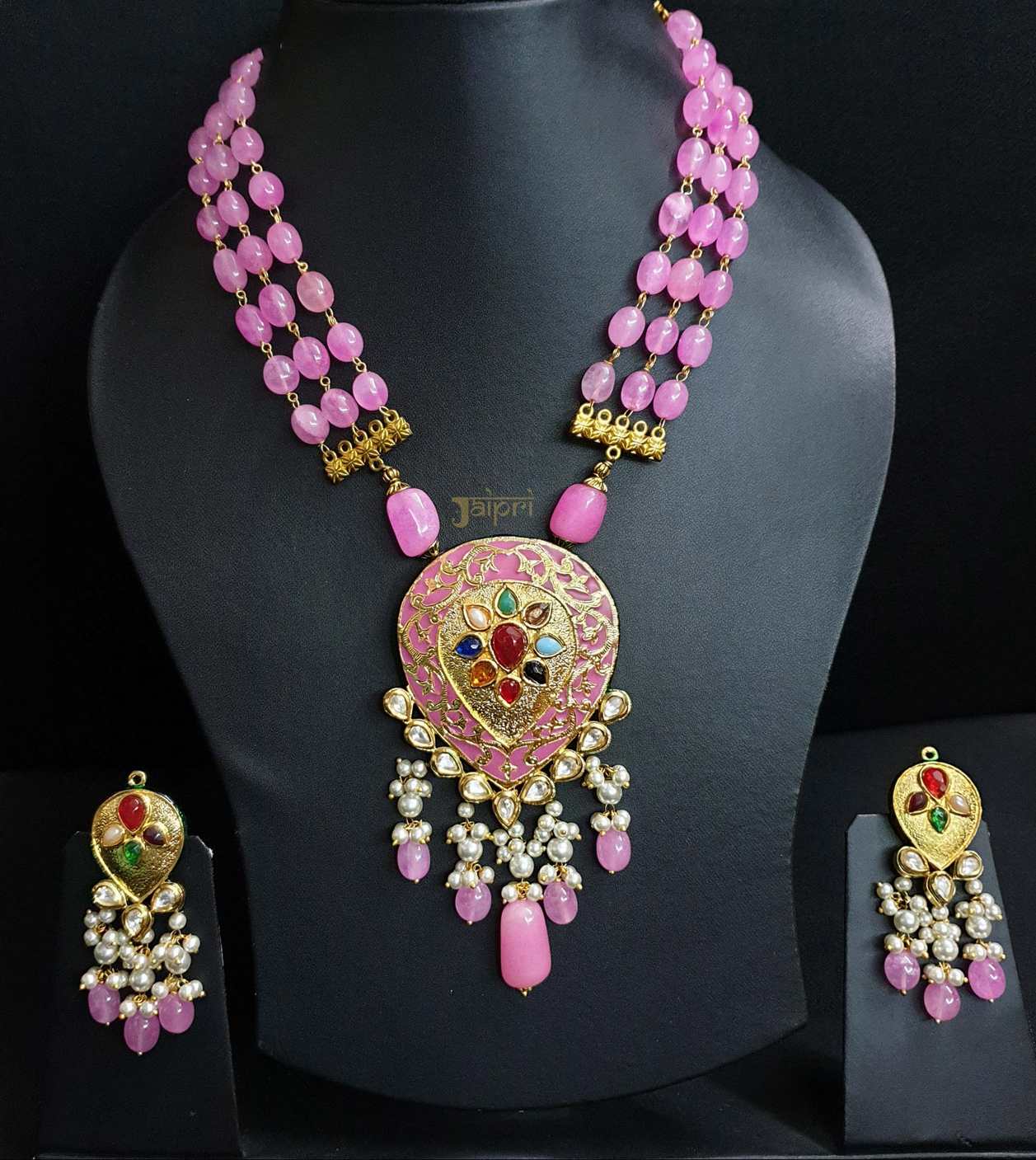 Pink Beads Stone Meenakari Tear-Drop Pendant With Earrings