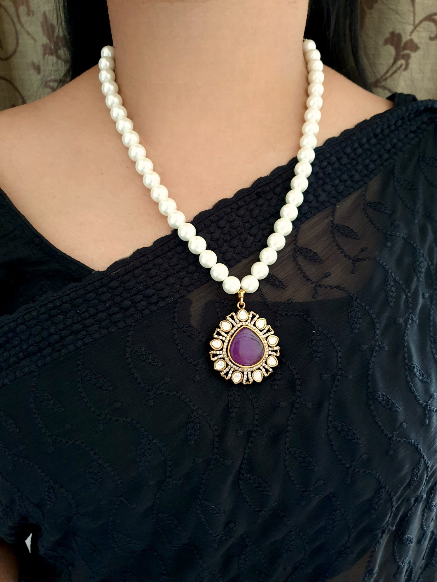 Purple Stone Polki Drop Pearl Pendant Set