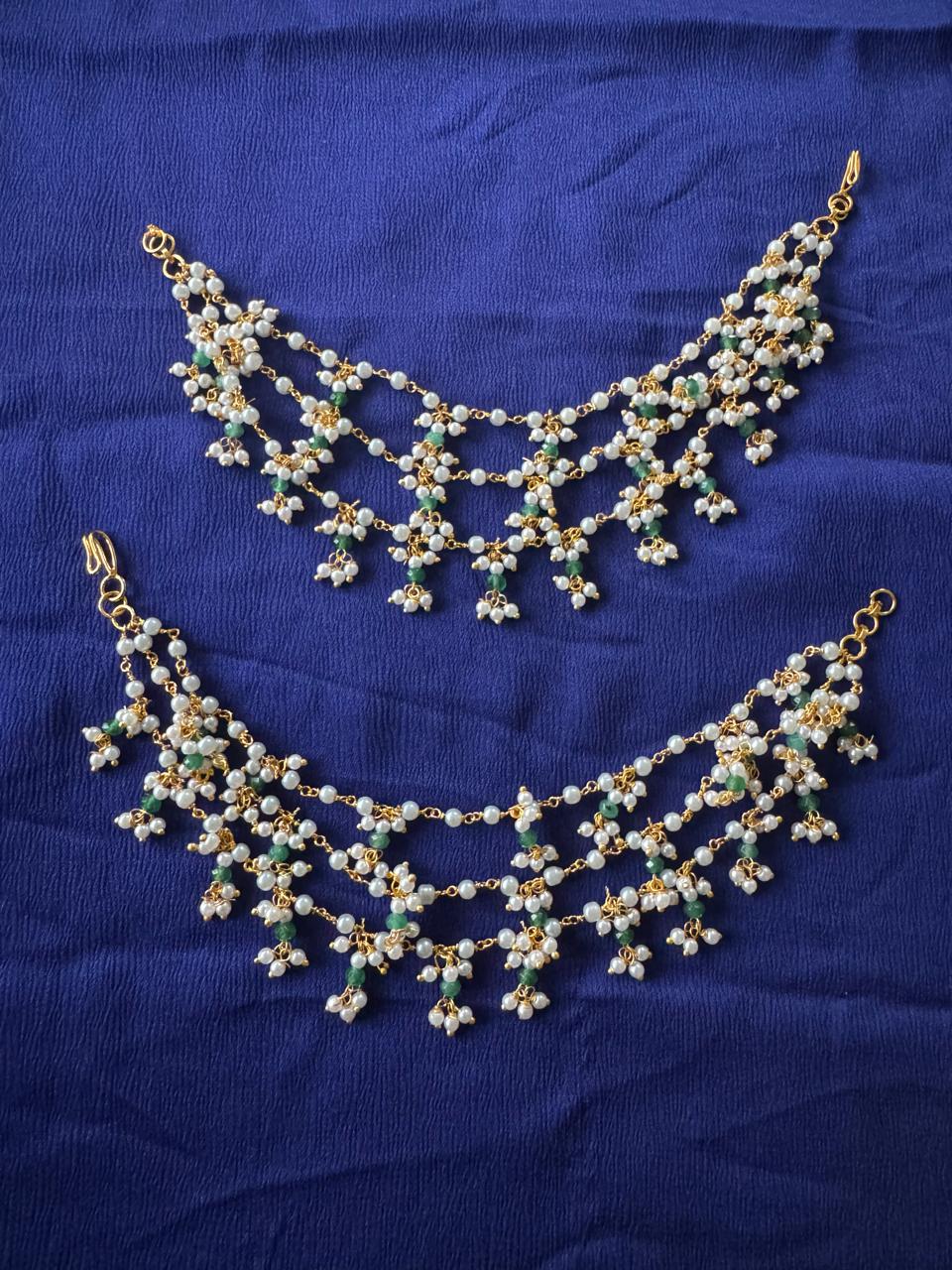 Pearl Earchain With Emerald Green Beads