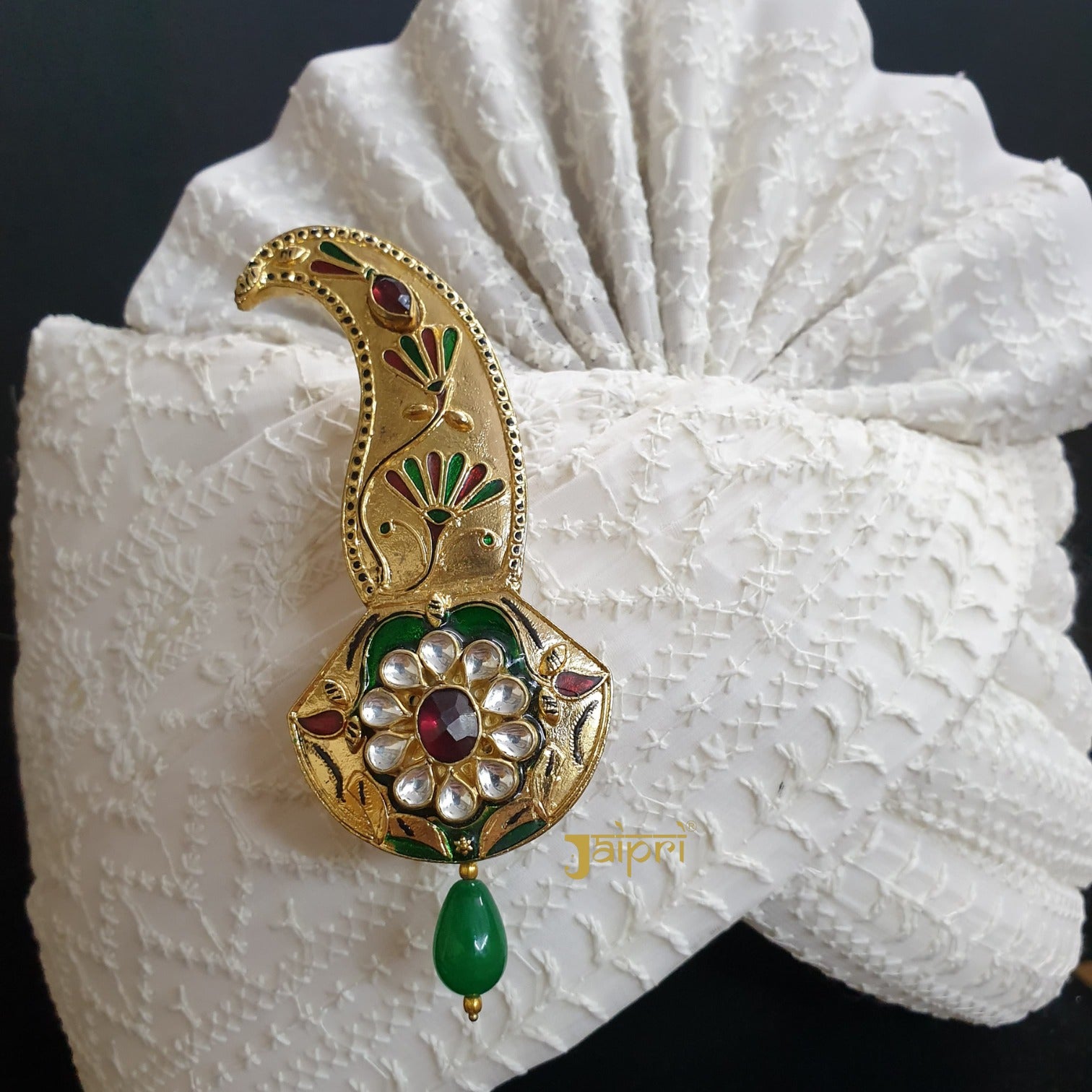 Gold Finish Kundan Polki Green Meenakari Kalingi for Groom