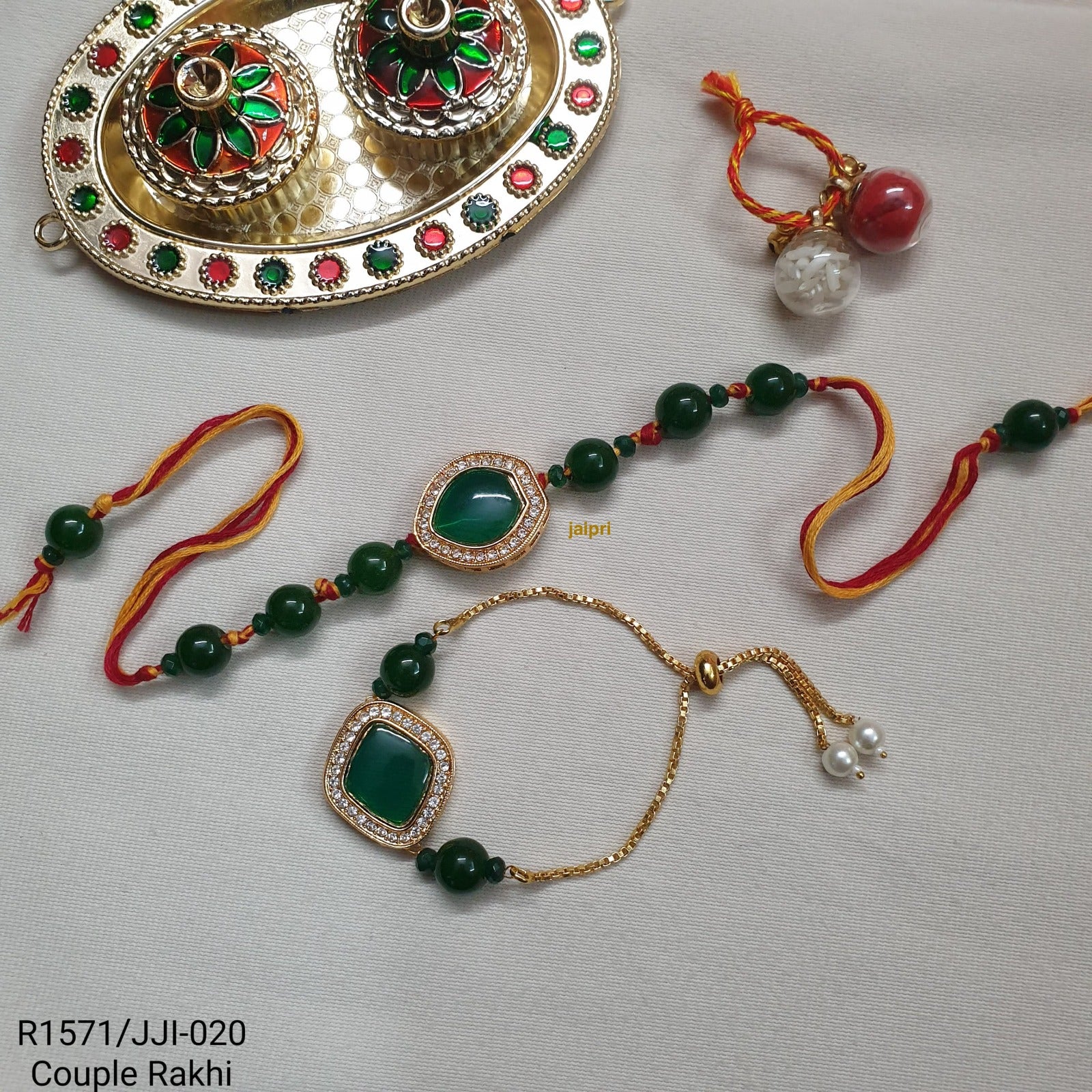 Dark Green AD Stone Bhaiya Bhabhi Rakhi