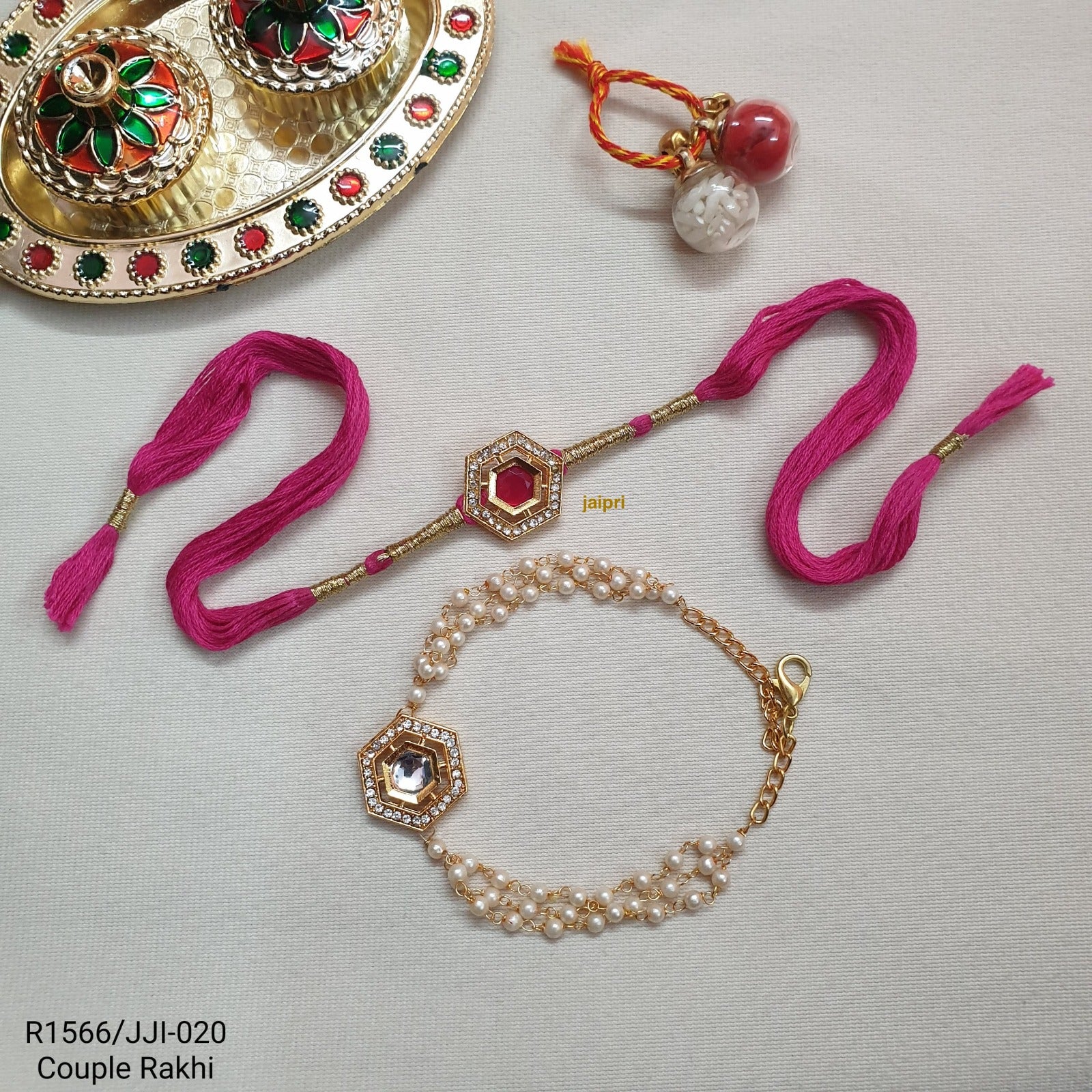 Pink Polki Pearl Bhaiya Bhabhi Rakhi