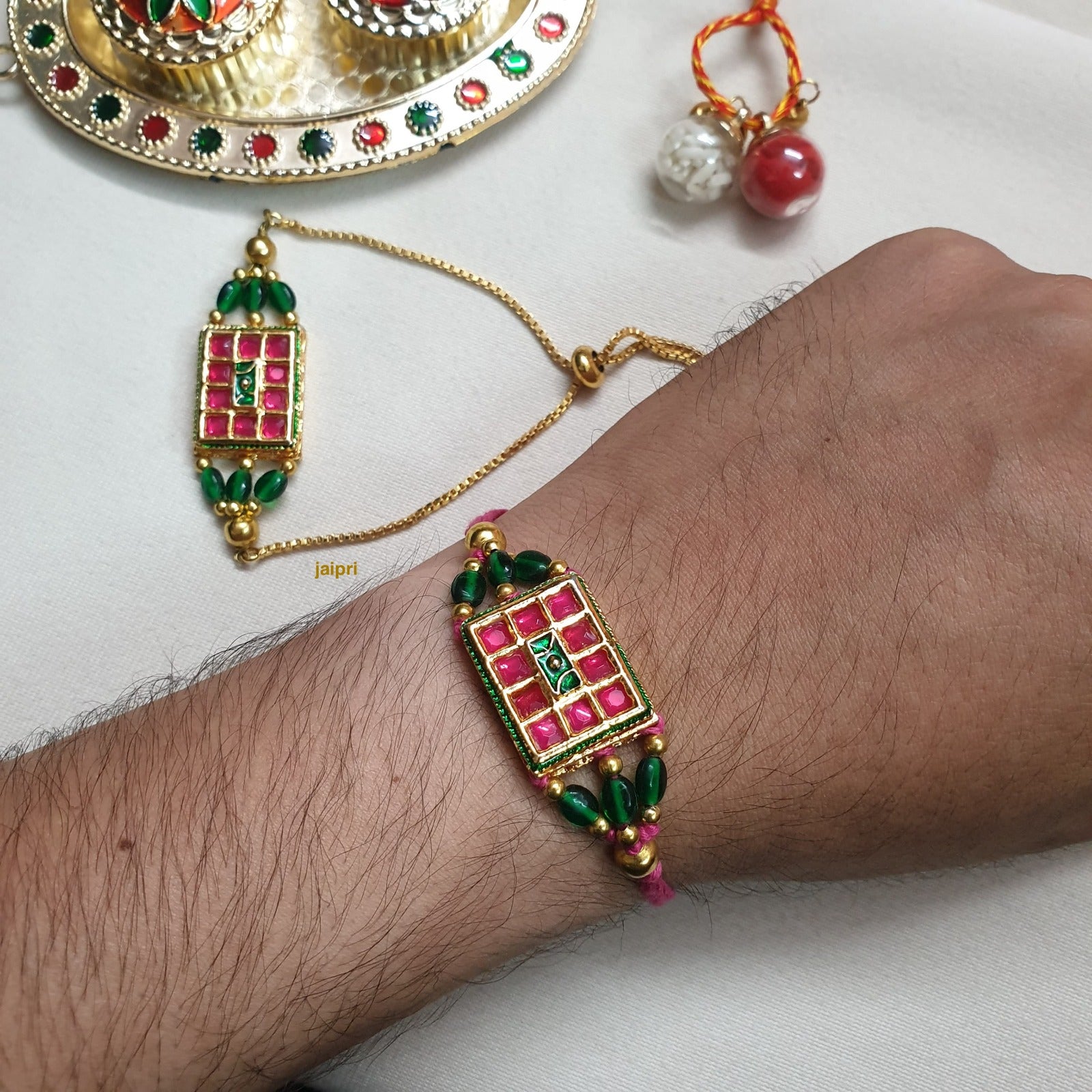 Pink Stone Beaded Bhaiya Bhabhi Rakhi Set