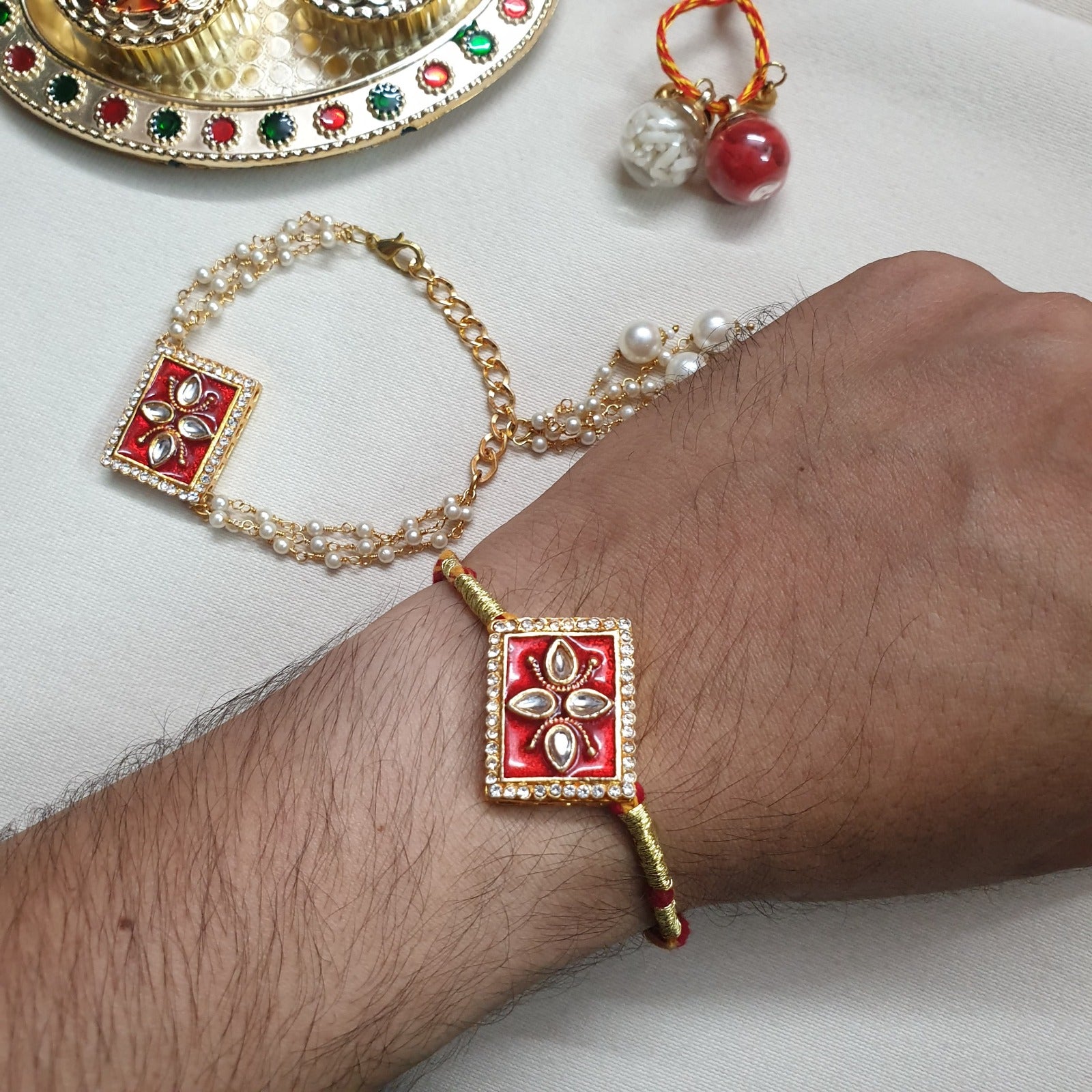 Red Meenakari Pearl Bhaiya Bhabhi Rakhi