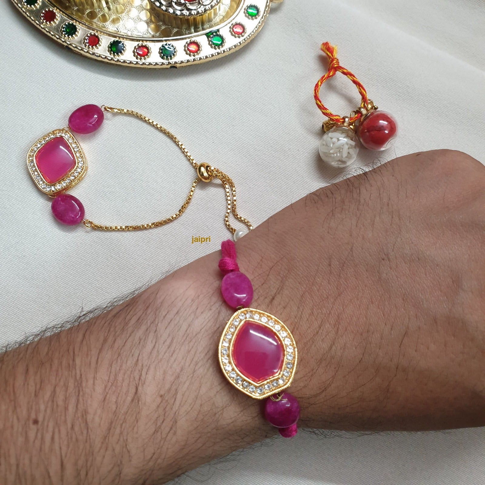 Pink AD Stone Bhaiya Bhabhi Rakhi