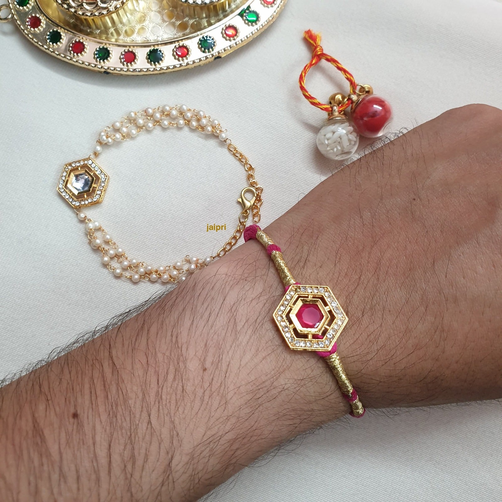 Pink Polki Pearl Bhaiya Bhabhi Rakhi