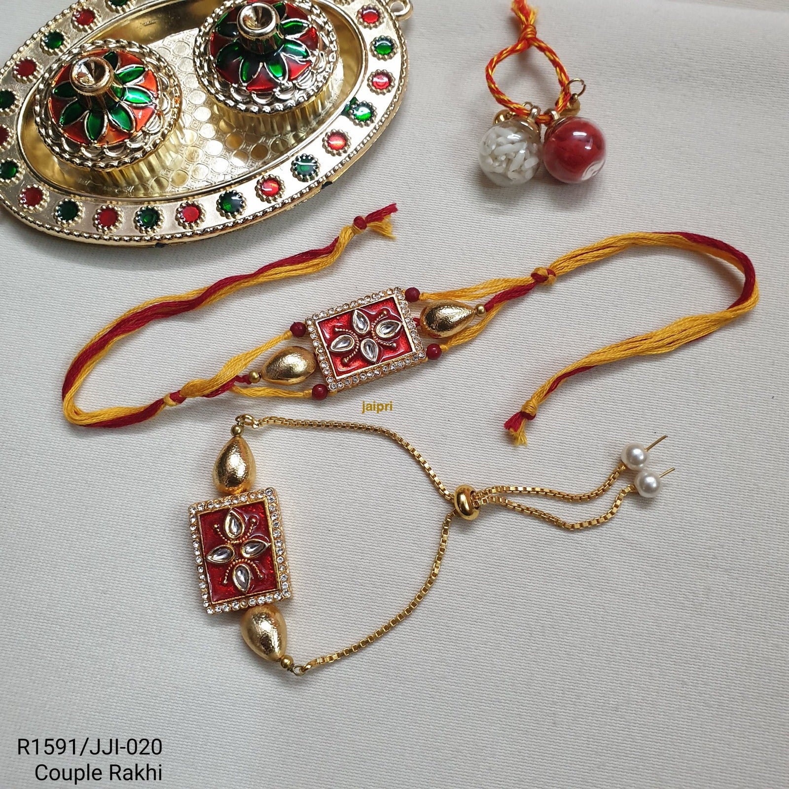 Red Kundan Bhaiya Bhabhi Rakhi Set
