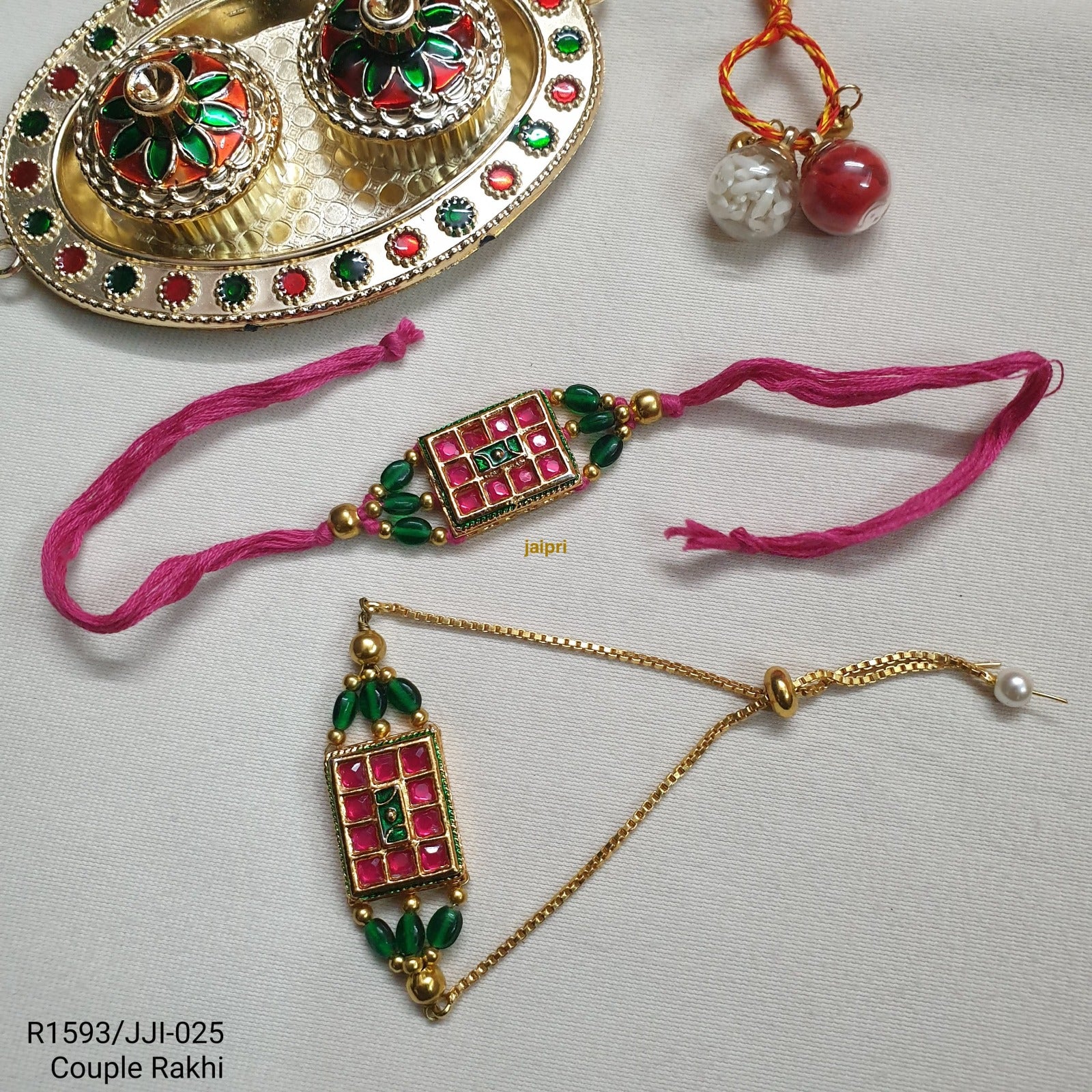 Pink Stone Beaded Bhaiya Bhabhi Rakhi Set