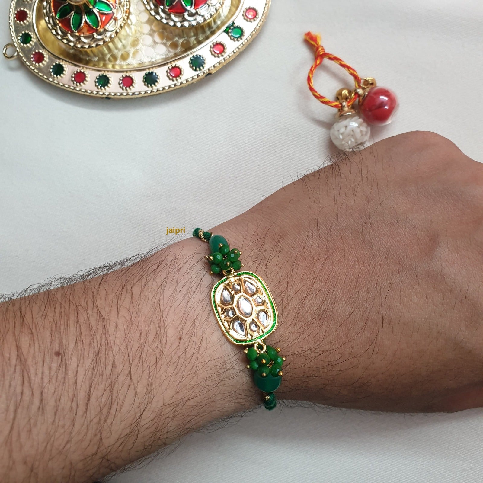 Green Kundan Beaded Rakhi