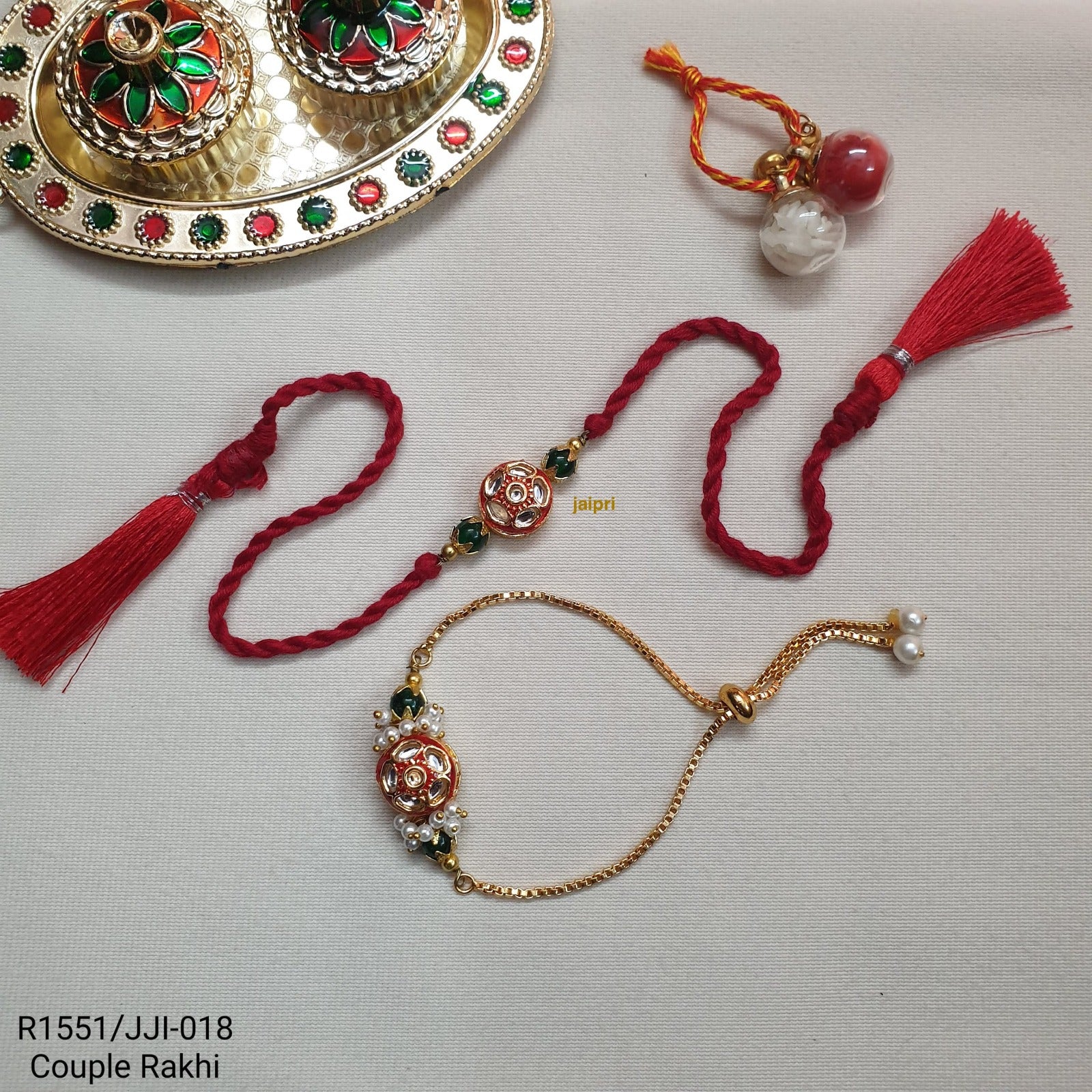 Red Kundan Meenakari Beaded Bhaiya Bhabhi Rakhi