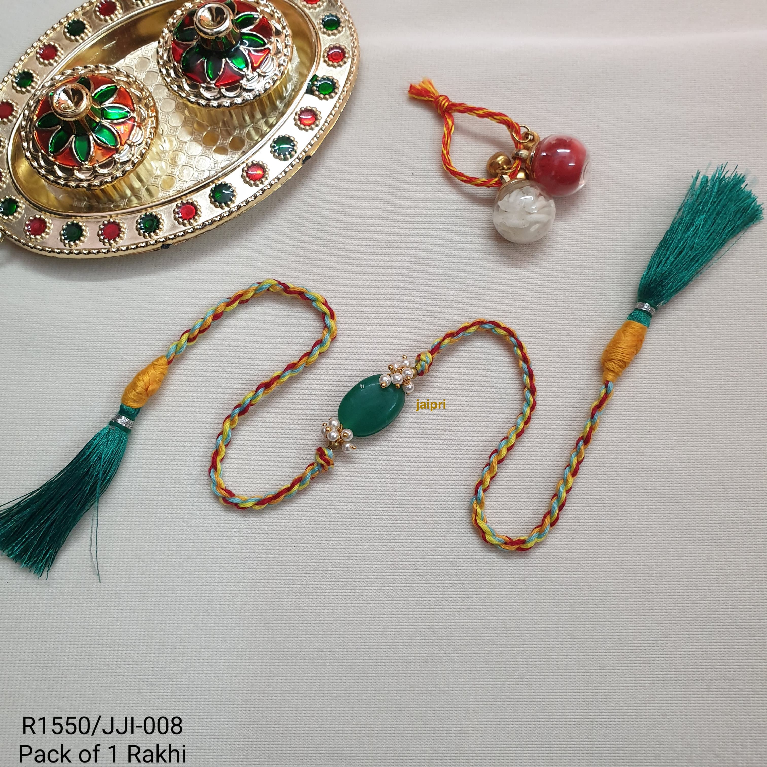 Green Stone Twisted Thread Rakhi