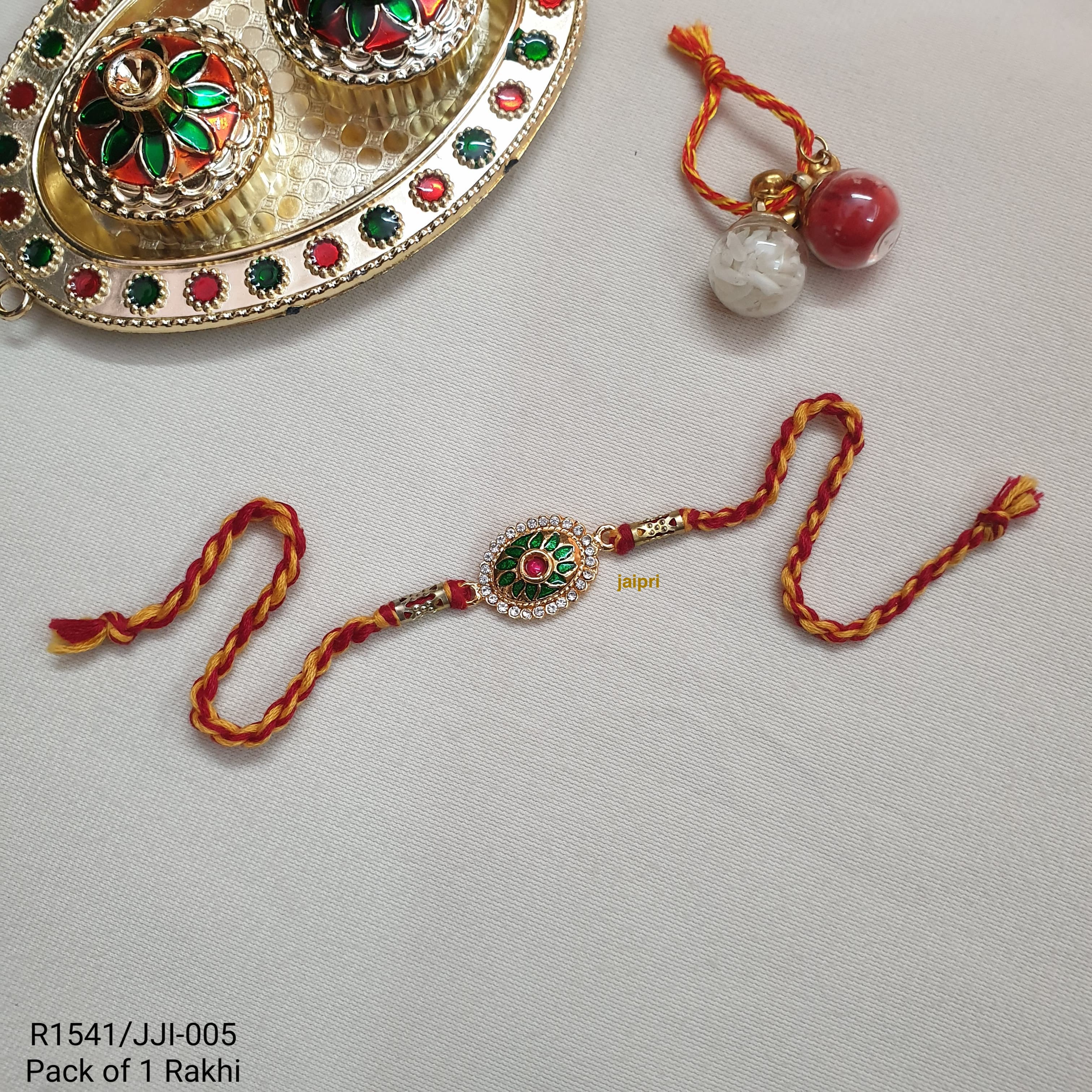 Gold Tone Green Oval Meenakari Rakhi
