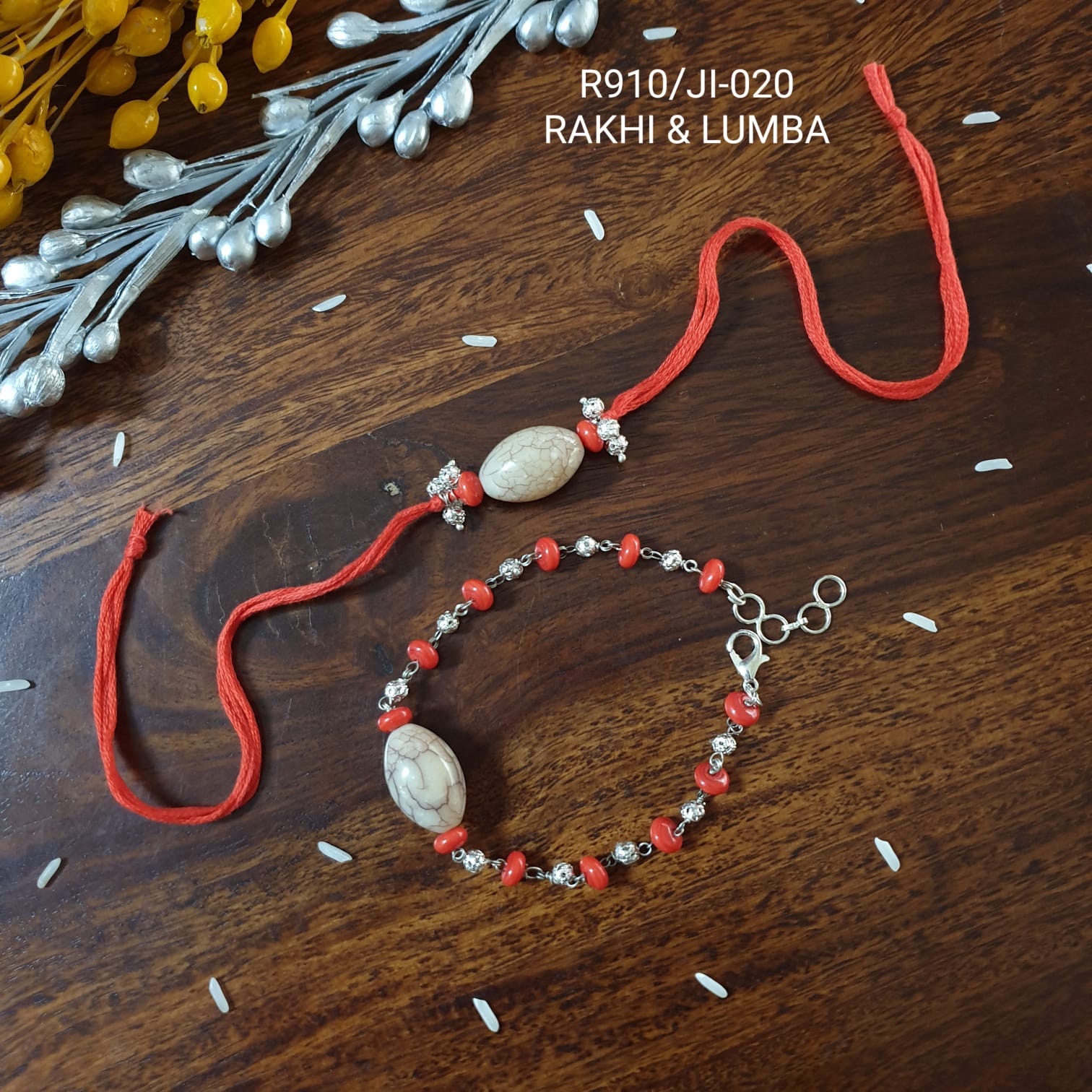 Red Bead Couple Rakhi Set