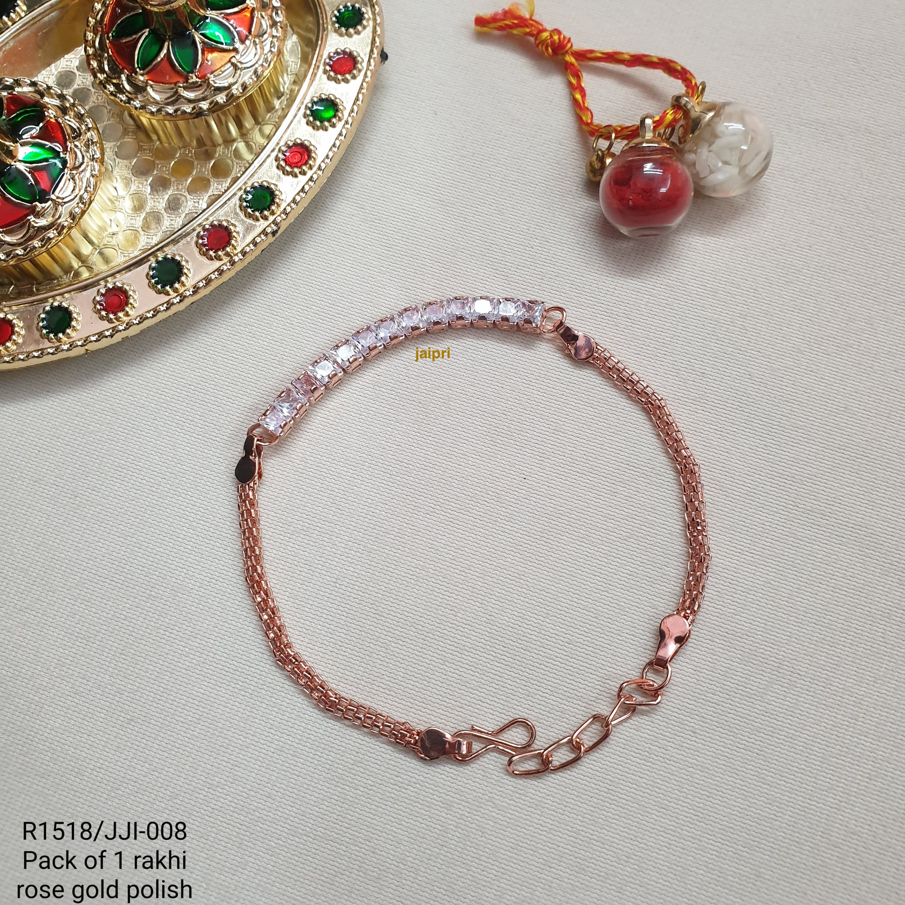 White Stone Rose Gold Chain Rakhi