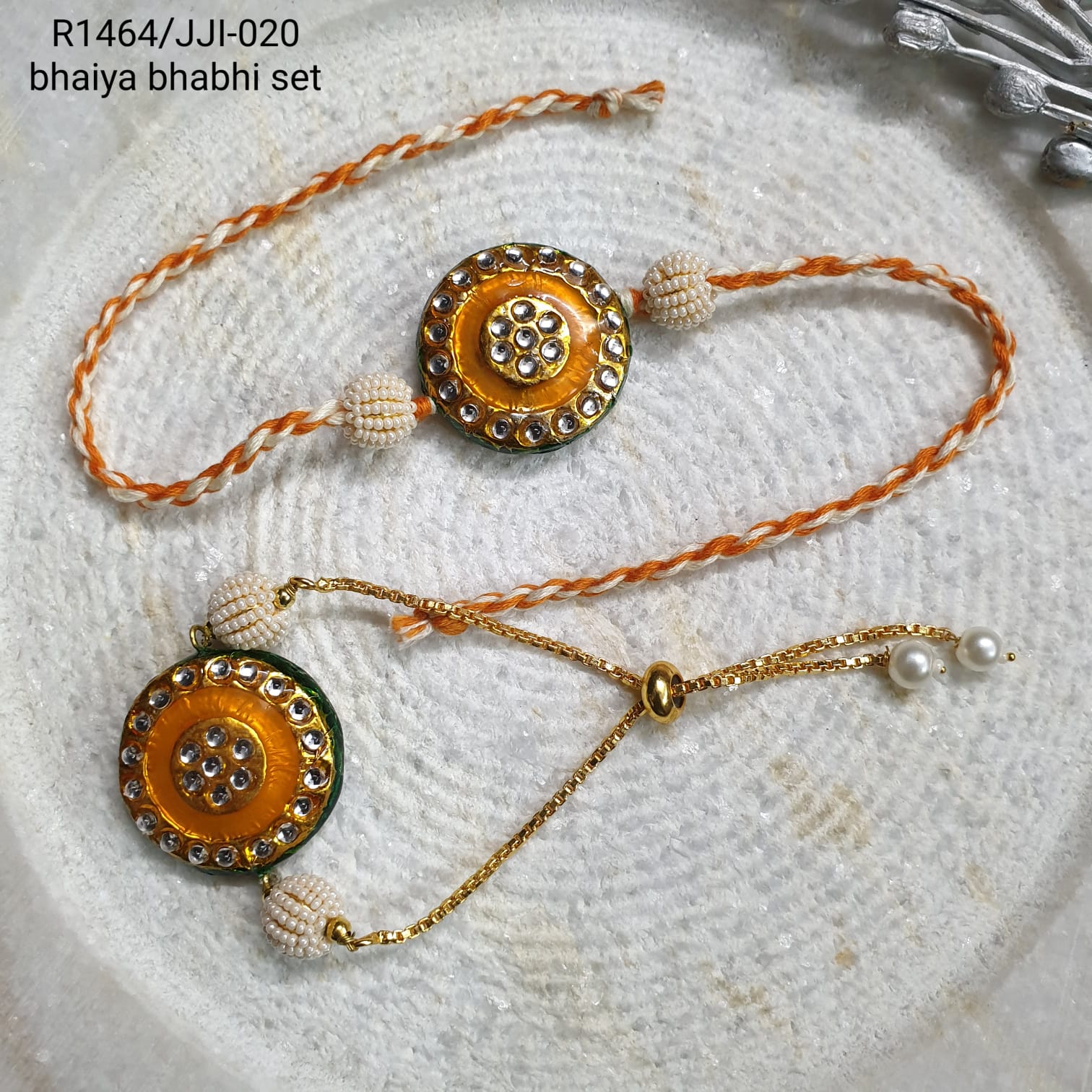 Bright Yellow Kundan Meenakari Rakhi For Bhaiya Bhabhi