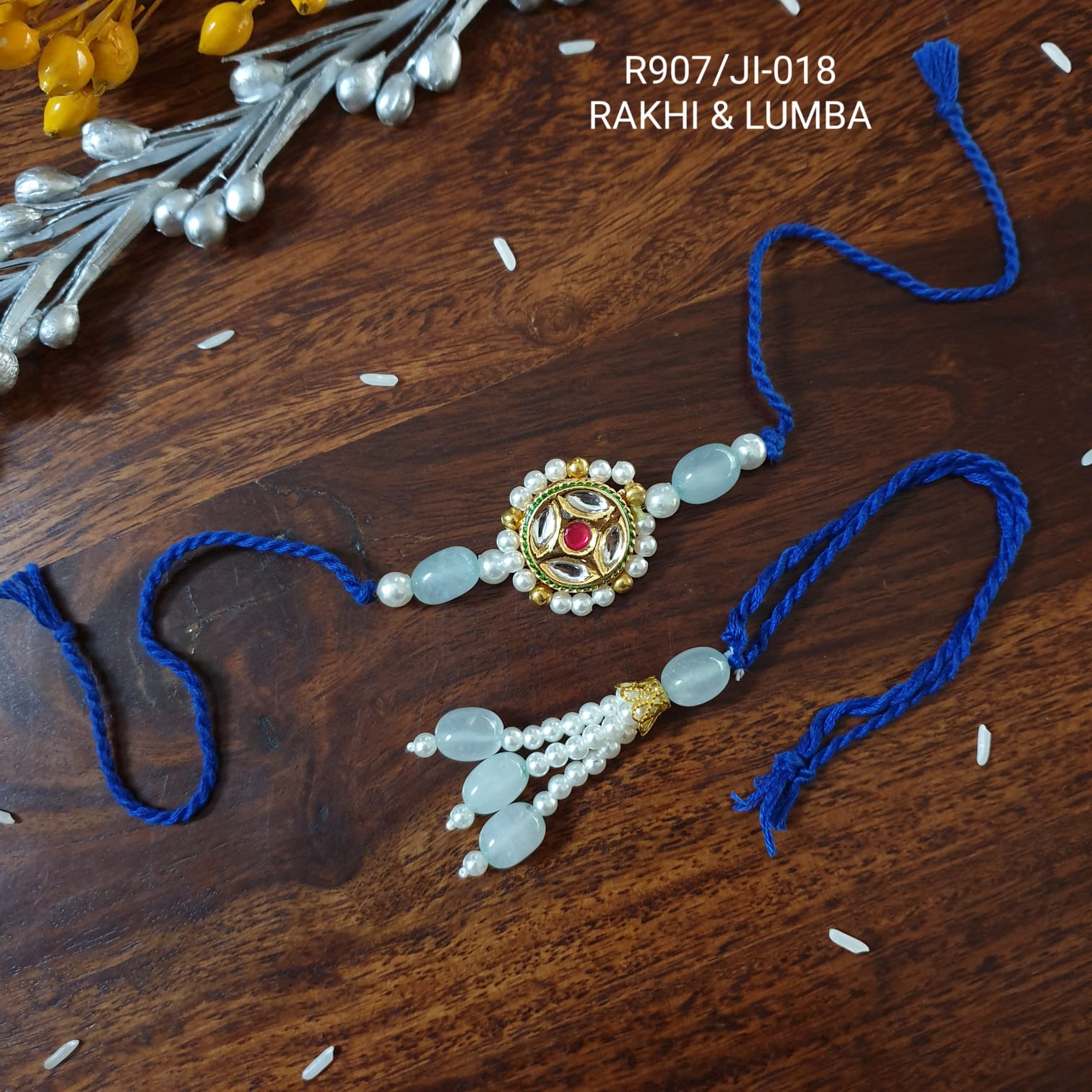 Blue Stone Kundan Bhaiya Bhabhi Rakhi Set