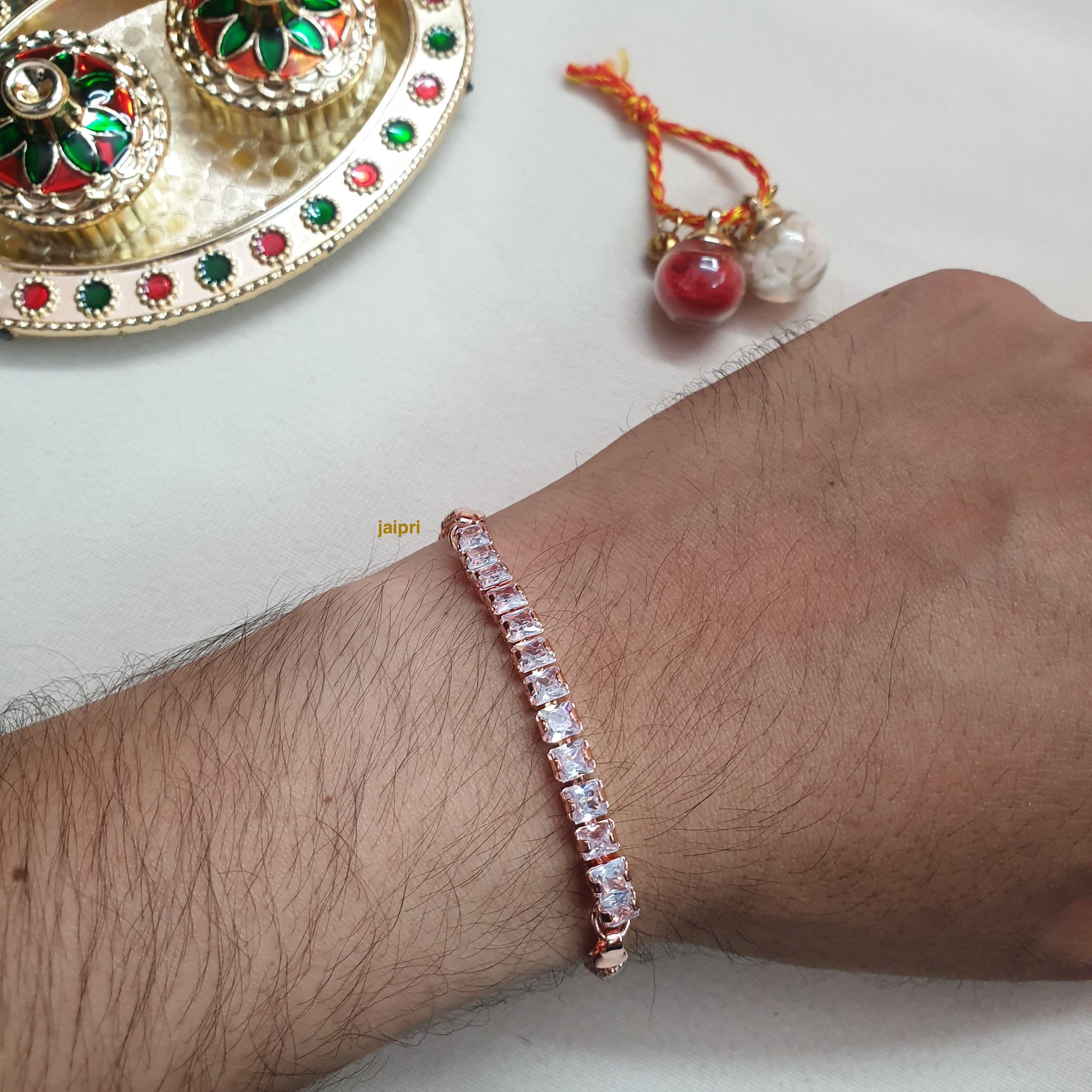 White Stone Rose Gold Chain Rakhi