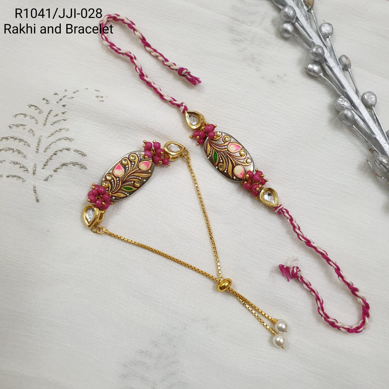 Pink Floral Meenakari Bhaiya Bhabhi Rakhi For Rakshabandhan