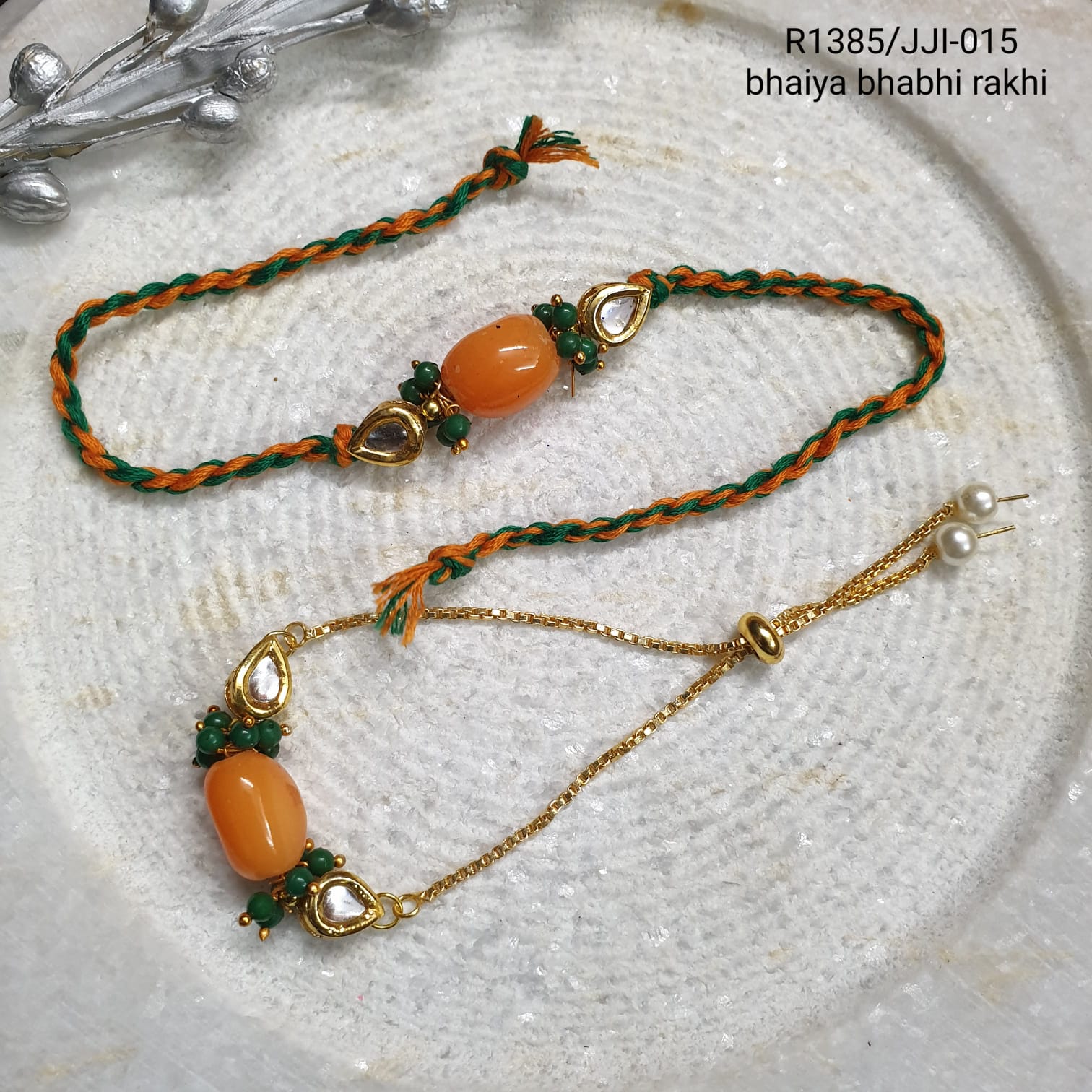 Orange Stone Kundan Rakhi For Bhai Bhabhi