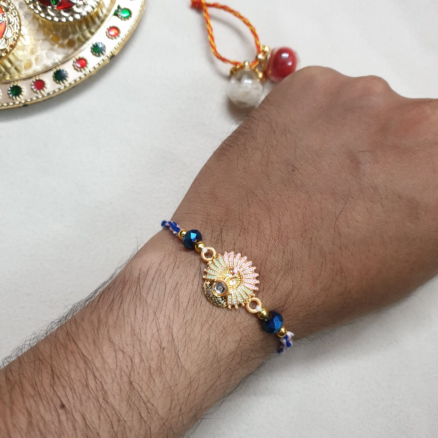 Pink Peacock Stone Rakhi For Brother