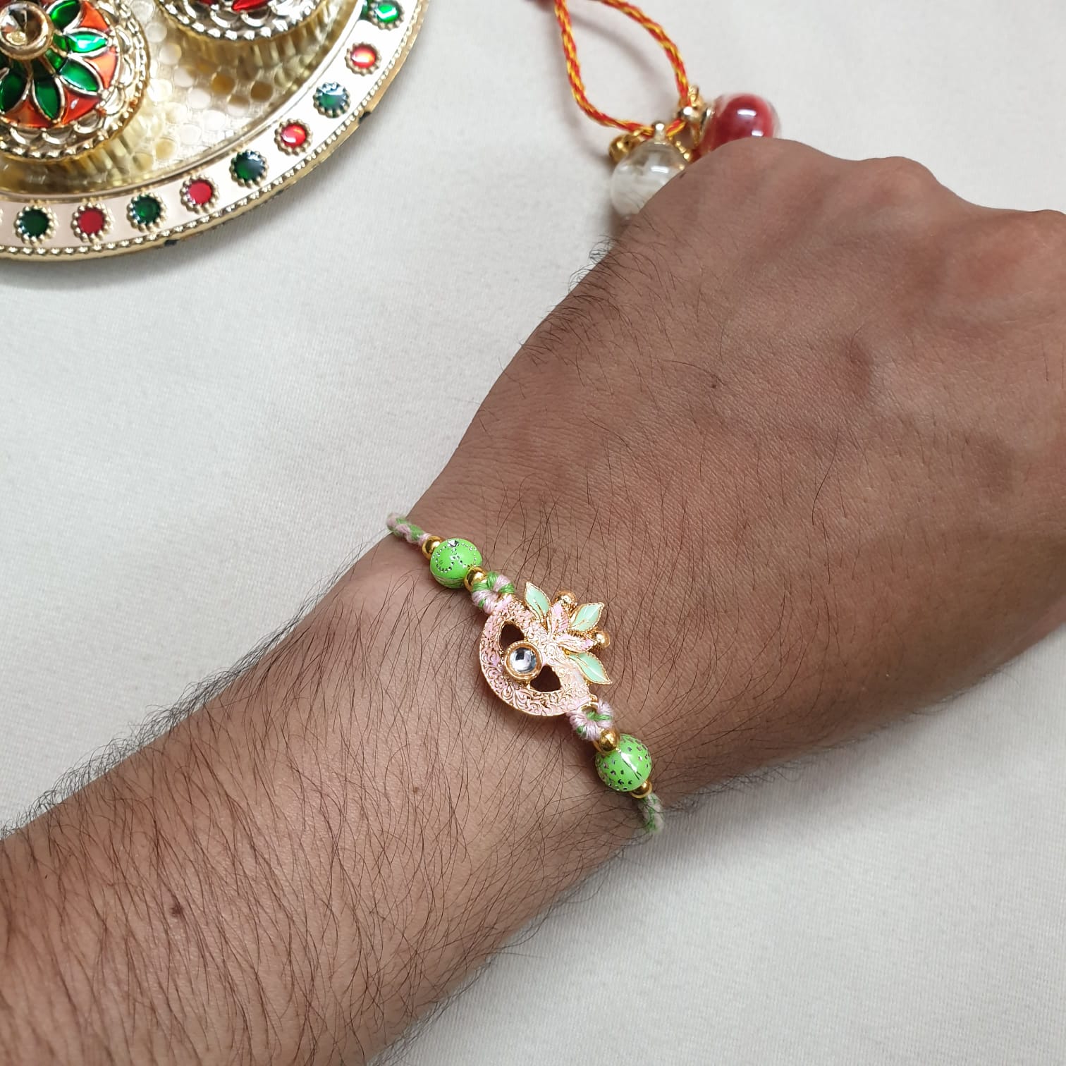 Pink Green Bead Rakhi