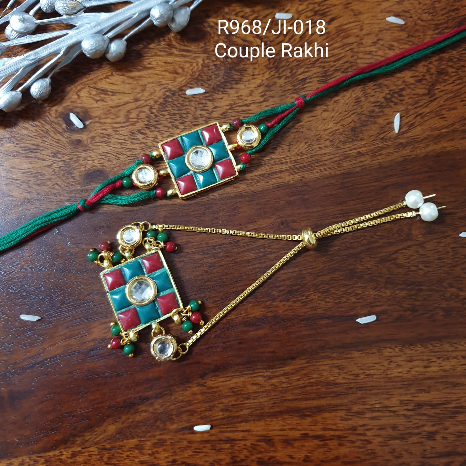 Red Green Stone Bhaiya Bhabhi Rakhi Set
