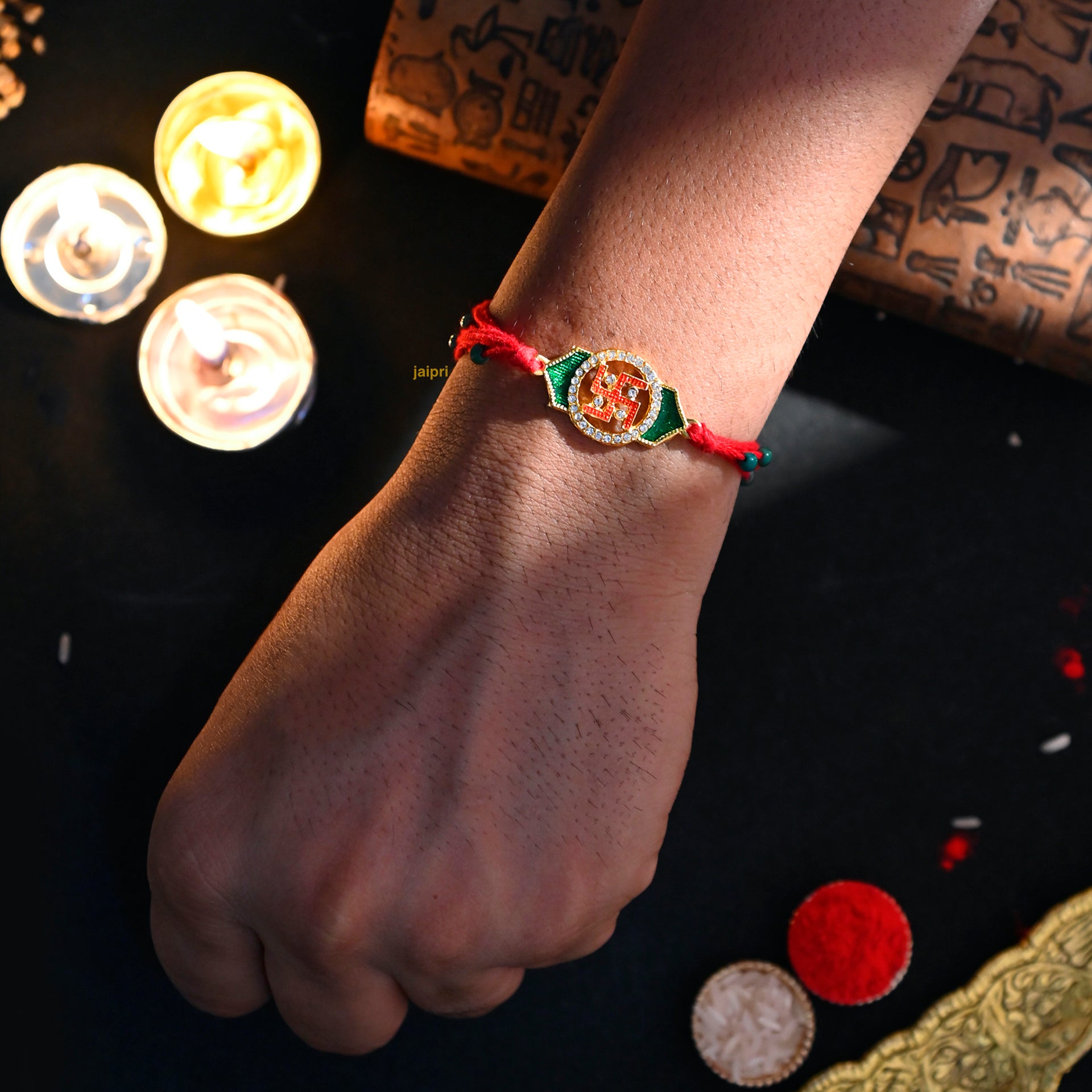 Swastik Meenakari Stone Rakhi For Rakshabandhan (Pack of One)